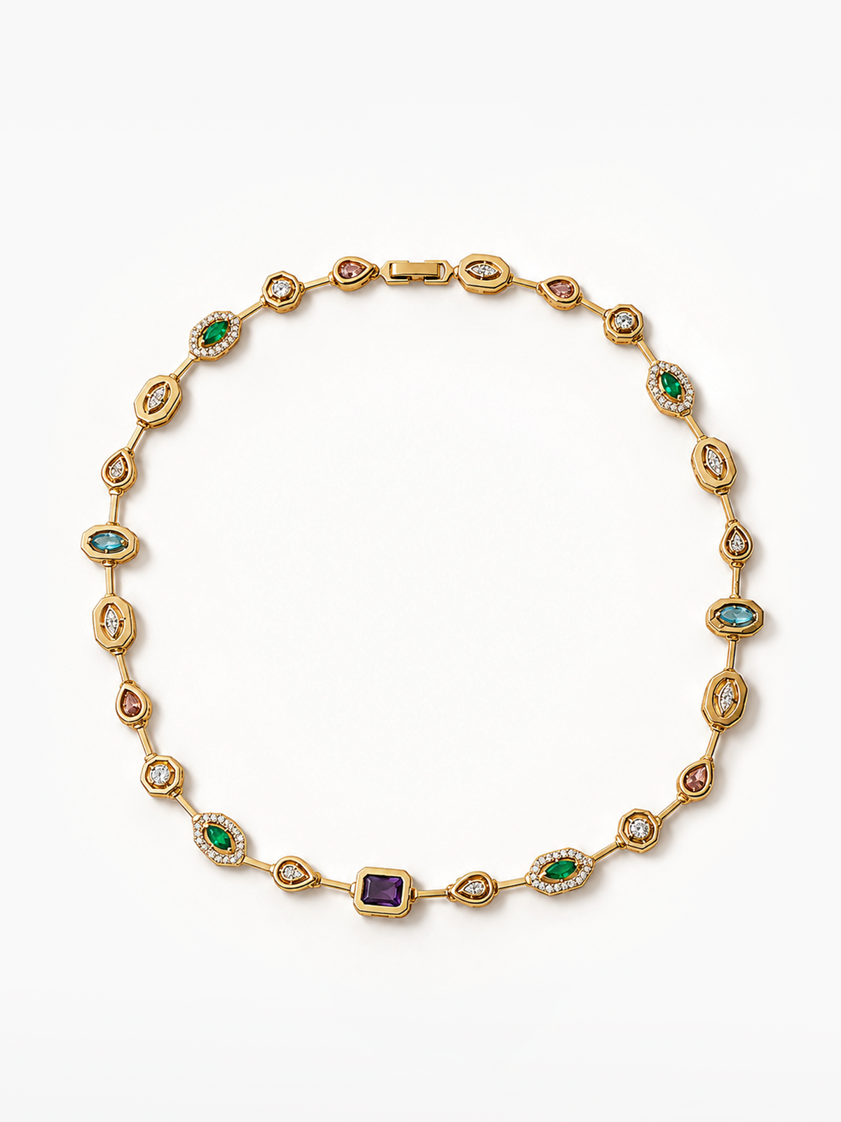 A gold link bracelet featuring multiple colored gemstone settings, including emerald-cut green emeralds, round-cut red garnet-like stones, light blue stones, a square purple amethyst, and clear pavé-set diamonds, displayed on a clean white background.