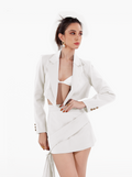 Nobody's Business Blazer - white cropped jacket with shoulder pads, notch lapel collar, gold buttons at the front and cuffs, formal jacket by SOLÉITE