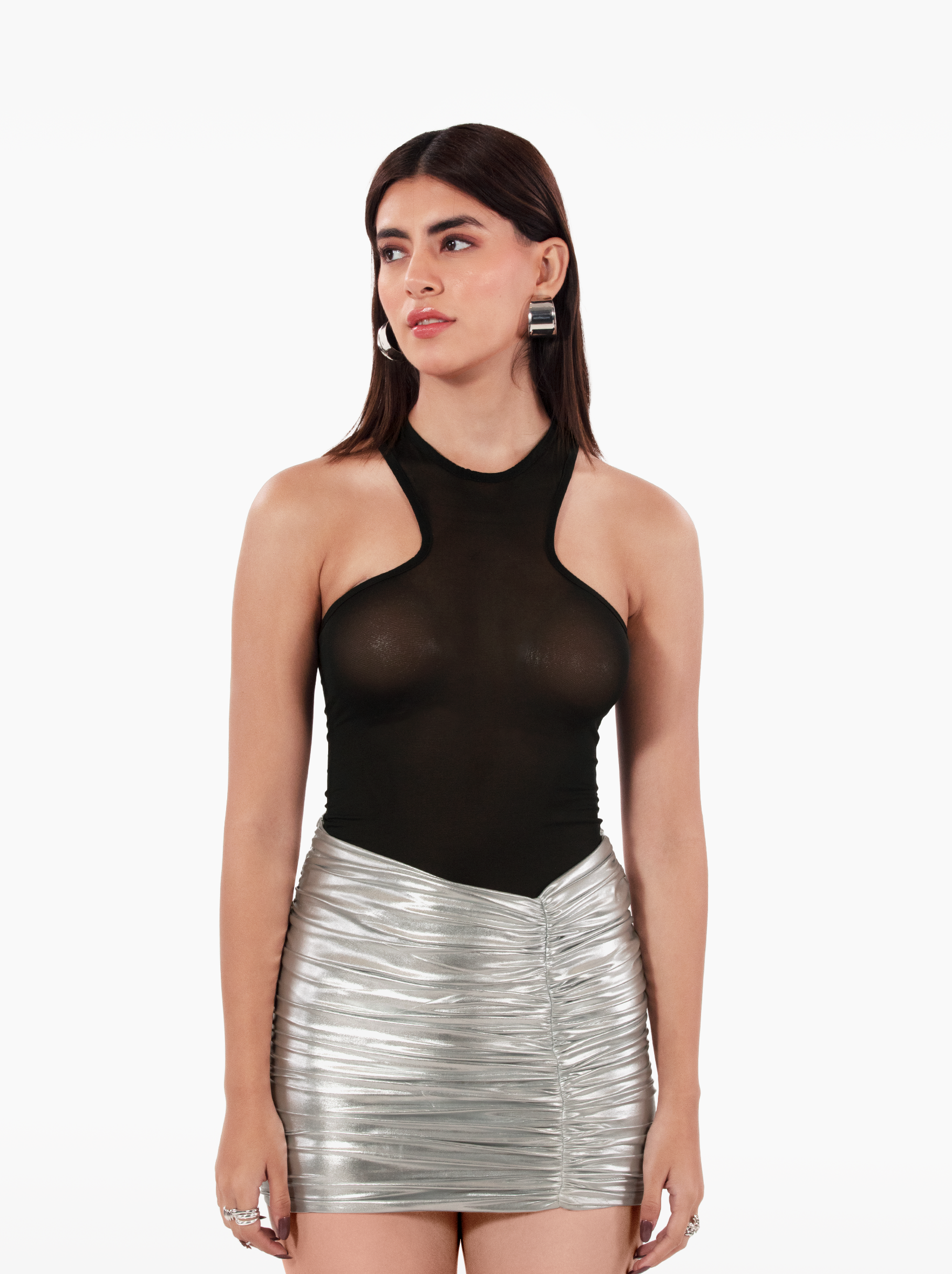 electric love skirt - ruched silver mini skirt with gathers and asymmetric hem, metallic party high waisted skirt by SOLÉITE