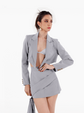 Nobody's Business Blazer - grey cropped jacket with shoulder pads, notch lapel collar, gold buttons at the front and cuffs, formal jacket by SOLÉITE