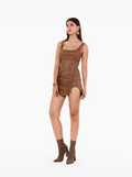 build a bitch skirt - brown faux leather u-cut with panels and asymmetric hem by SOLÉITE
