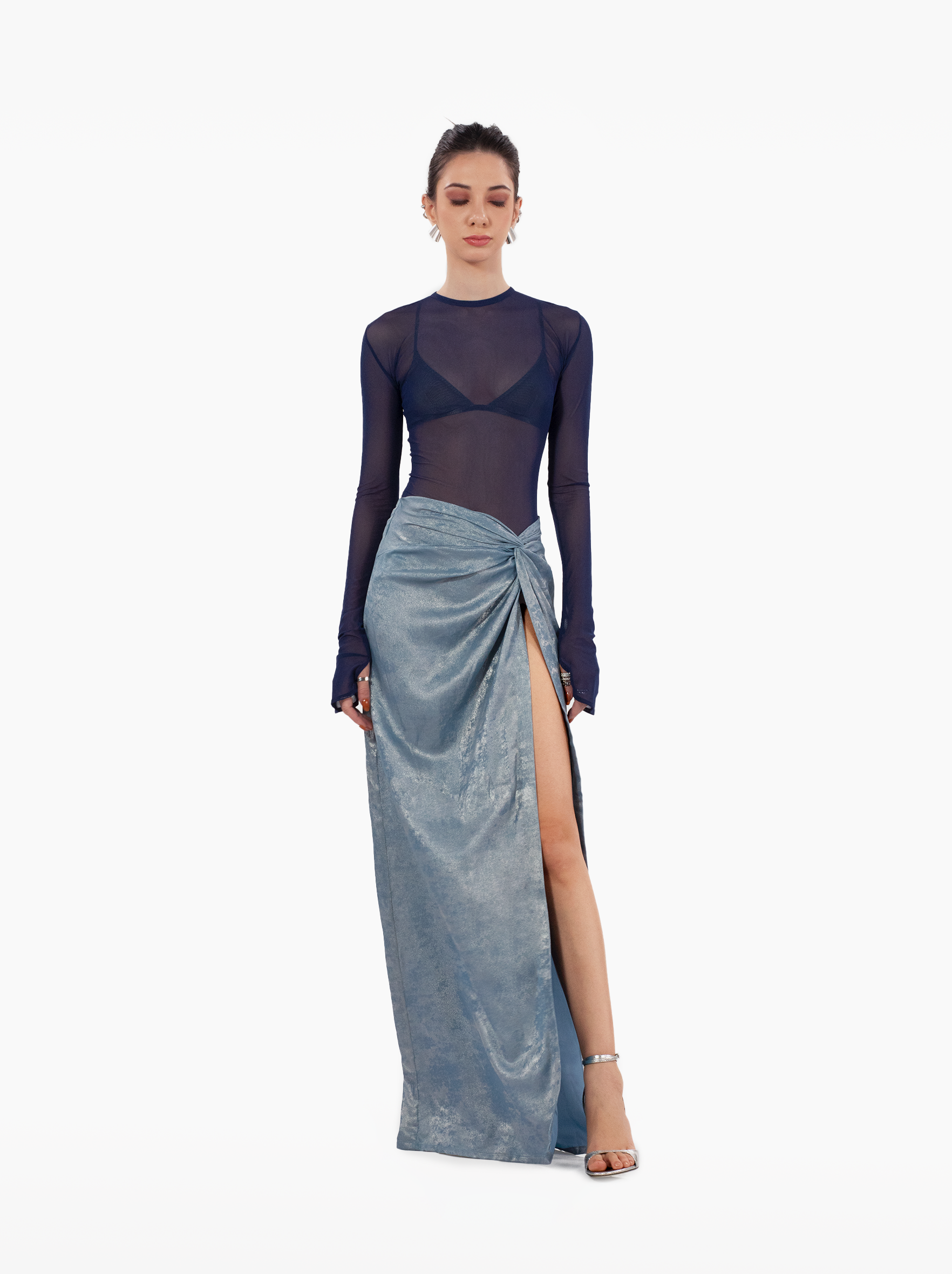 water skirt - blue mid-waist skirt draped on the hips giving way to a leg slit. lightweight, textured fabric, beach coverup, vacation outfit, sarong style skirt by SOLÉITE