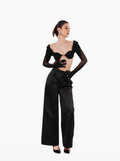 won't bite trousers - black wide leg satin high-waisted trousers with front pockets, birthday, party, formal, dinner, date outfit - SOLÉITE