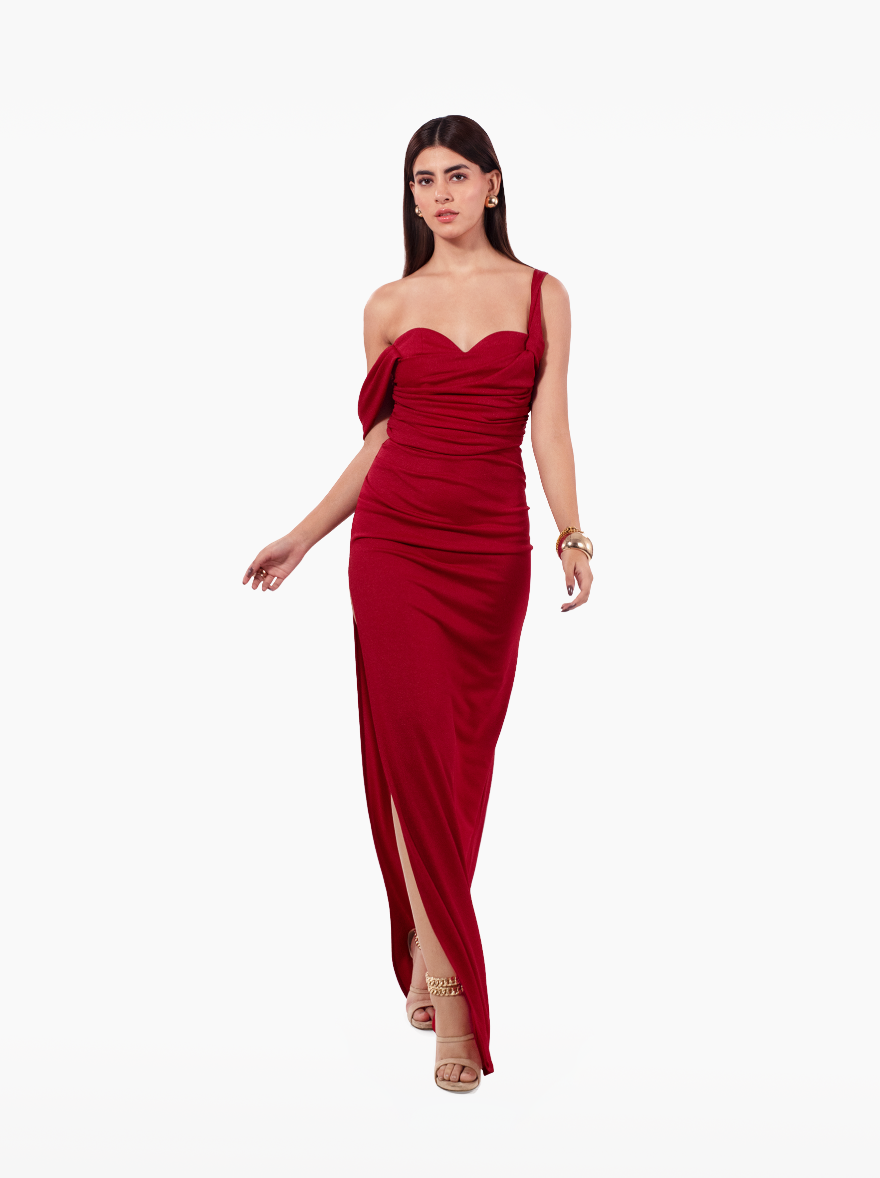 Bloody Mary Bustier Gown | Red Asymmetric Corset Dress With Side Slit   Solite
