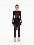 talking body jumpsuit - sheer black catsuit with long sleeves, slender legs, and a classic round neckline by SOLÉITE