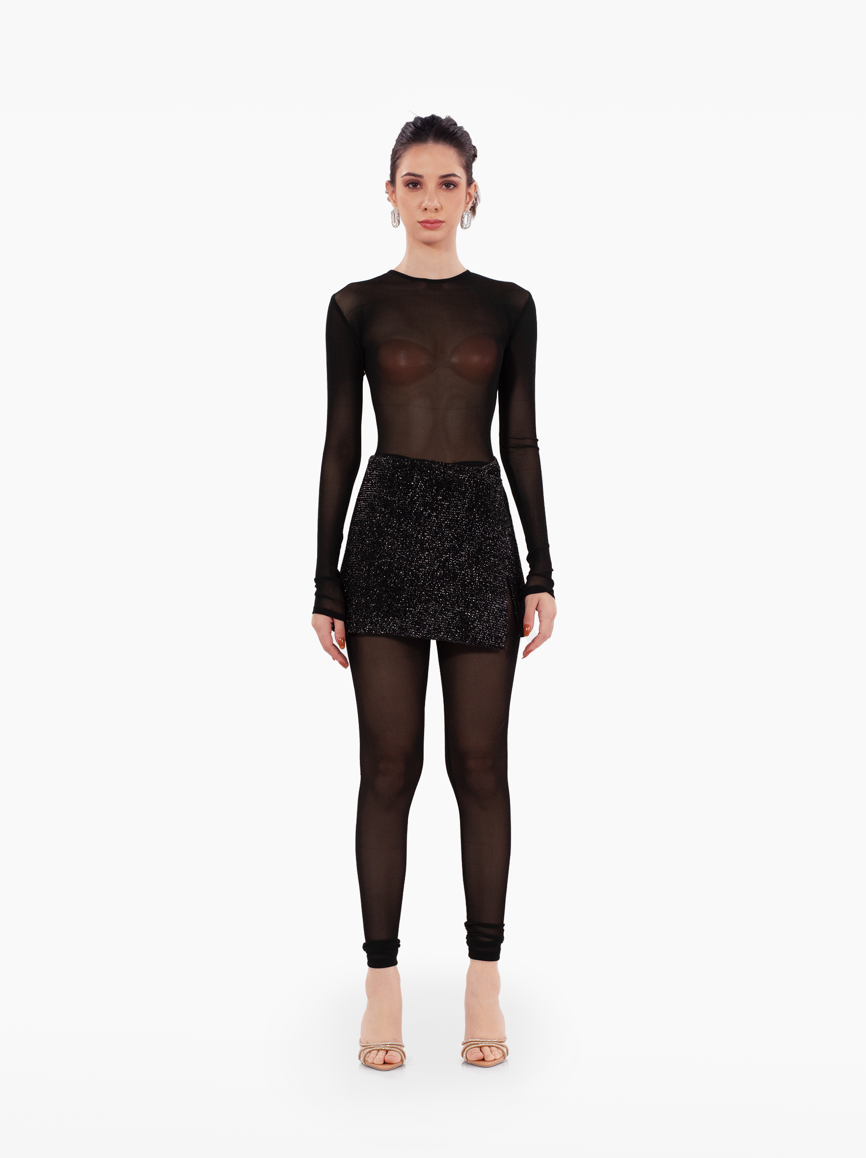 talking body jumpsuit - sheer black catsuit with long sleeves, slender legs, and a classic round neckline by SOLÉITE