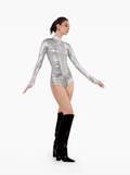 electric love bodysuit - ruched silver top with gathers, full sleeve metallic bodysuit, party, fashion top by SOLÉITE
