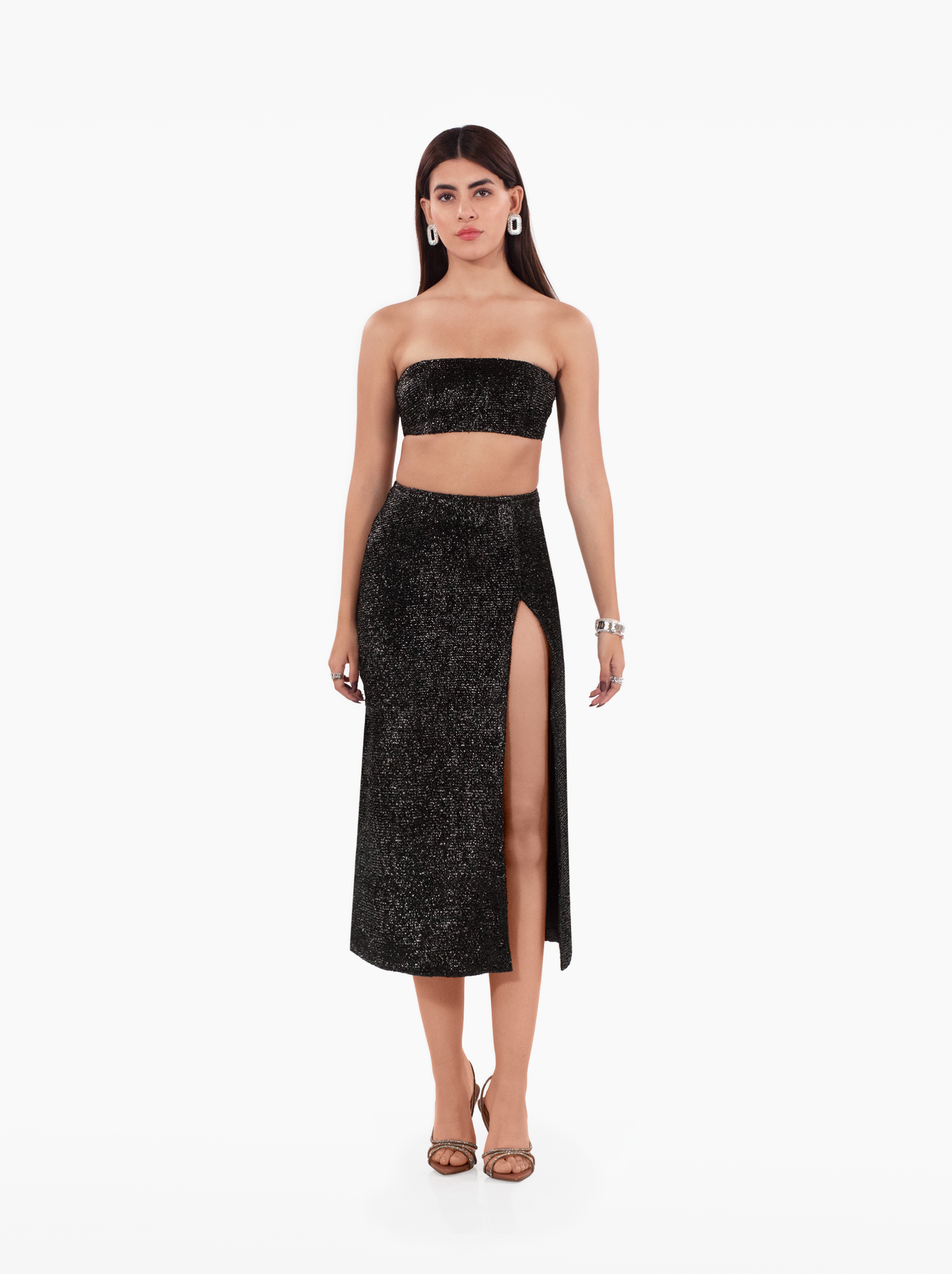 made you look skirt - silver black glitter shimmer party midi skirt with side slit, high waisted skirt for birthday, parties, cocktail by SOLÉITE