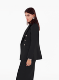 Millions Blazer - black double breasted blazer with shoulder pads, notch lapel collar and two front flap pockets, gold buttons at the front and cuffs by SOLÉITE