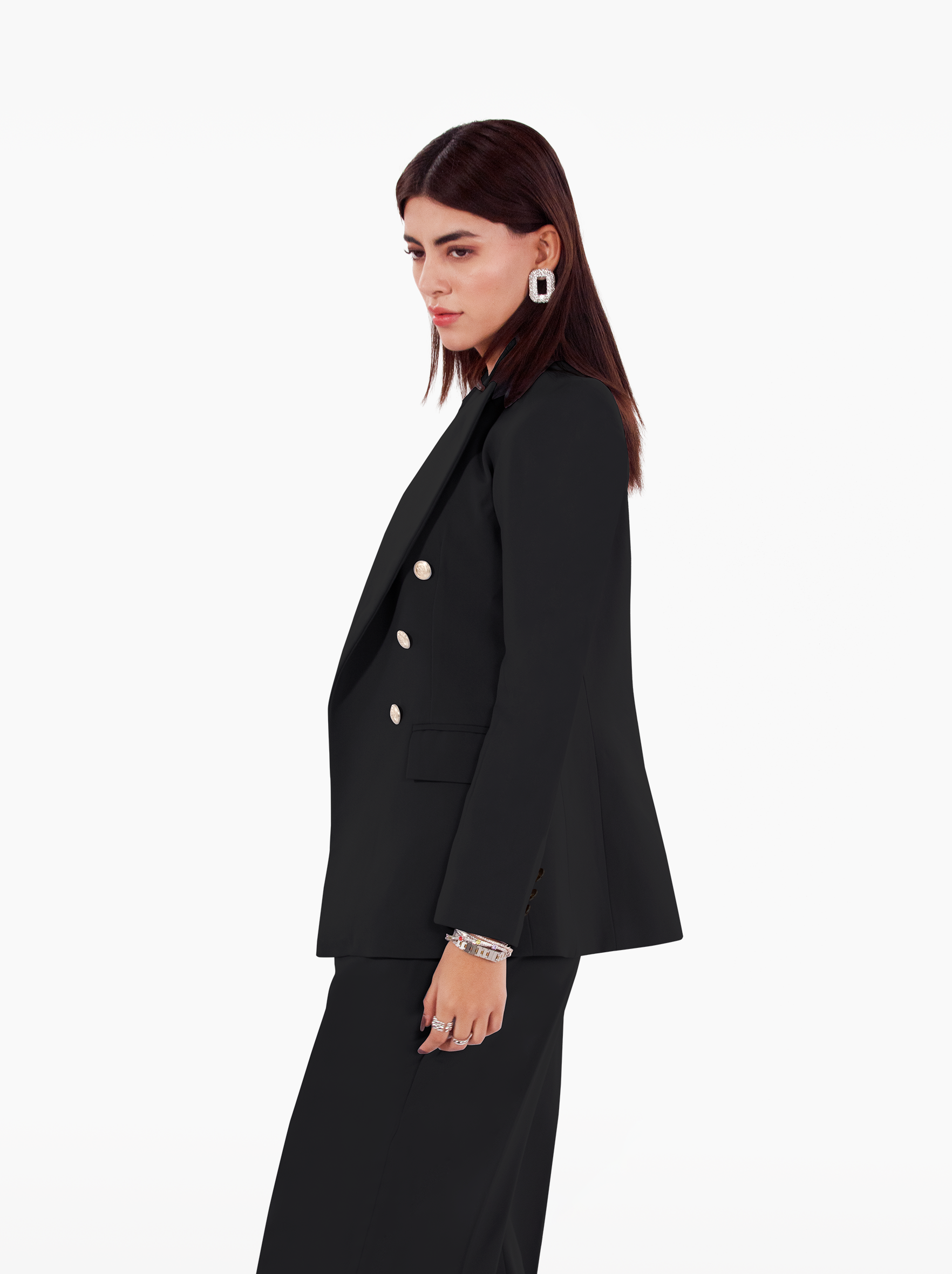 Millions Blazer - black double breasted blazer with shoulder pads, notch lapel collar and two front flap pockets, gold buttons at the front and cuffs by SOLÉITE