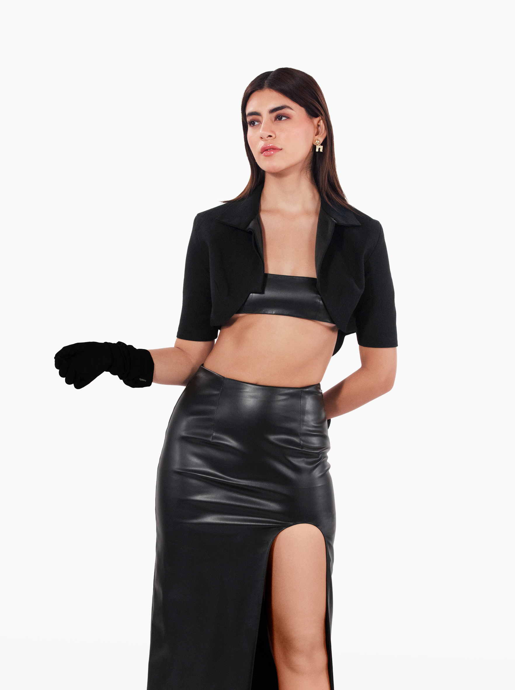 told you so jacket - a black cropped woolen jacket with shoulder pads notch lapel collar, gold buttons at the front, black bolero by SOLÉITE