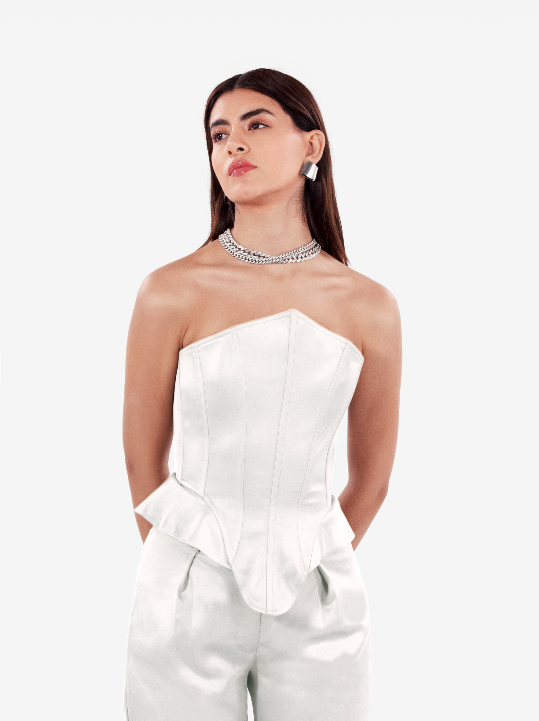 instant crush corset - white satin asymmetric bustier top with a strapless design and structured boning, birthday, party, dinner, date outfit - SOLÉITE