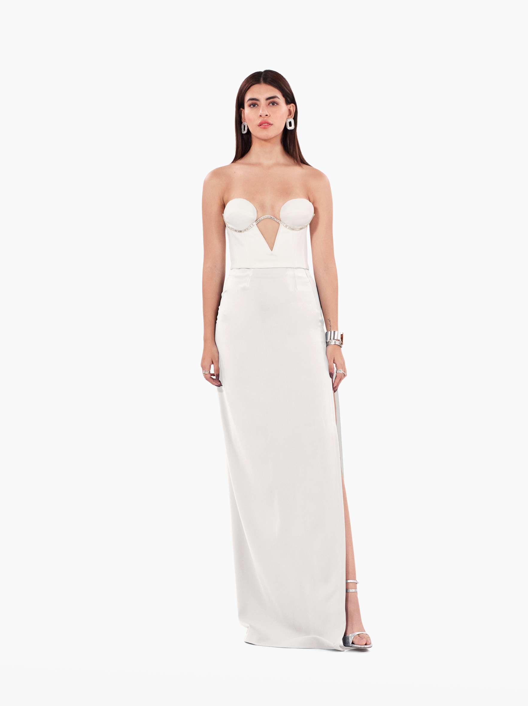viola skirt - white mercedes maxi skirt with darts and a side slit for formal occasions by SOLÉITE