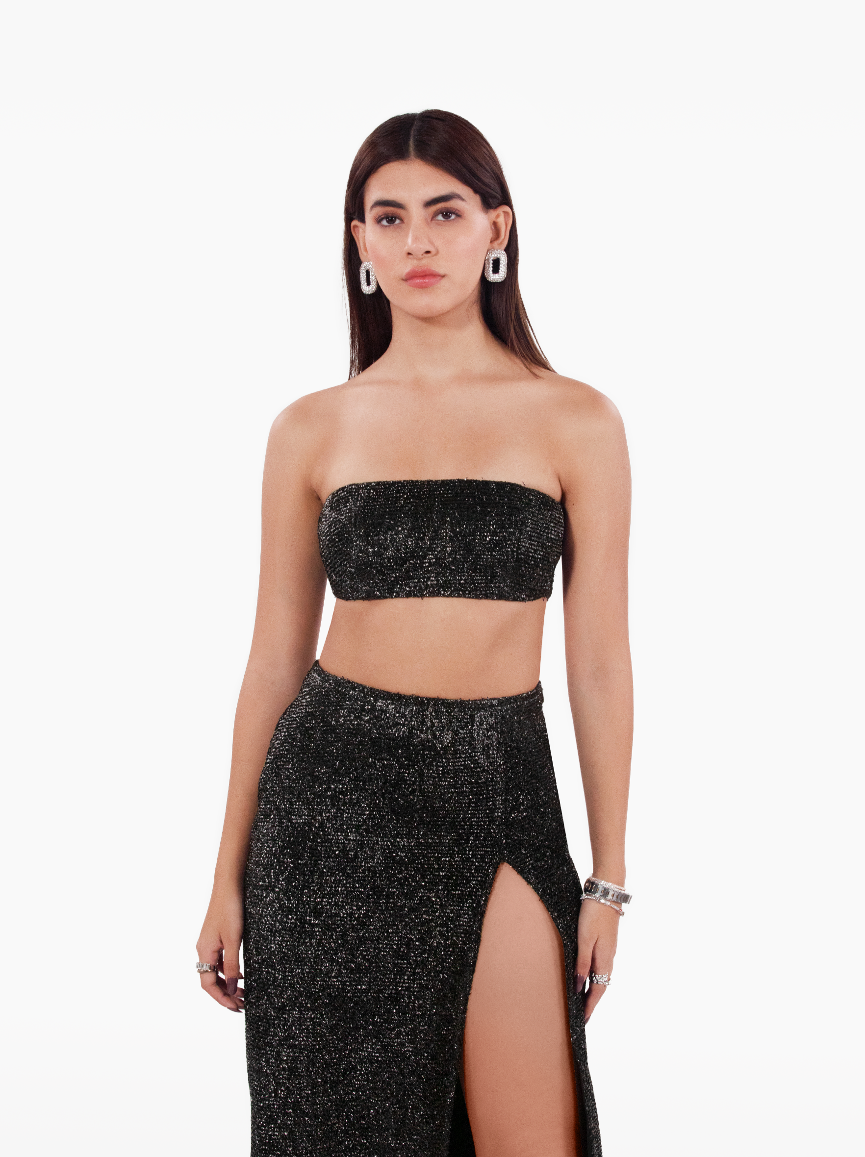 made you look bandeau - silver black glitter shimmer strapless bandeau with darts and buckle fastening, vacation top, birthday by SOLÉITE