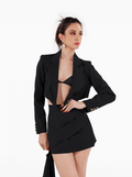 Nobody's Business Blazer - grey cropped jacket with shoulder pads, notch lapel collar, gold buttons at the front and cuffs, formal jacket by SOLÉITE
