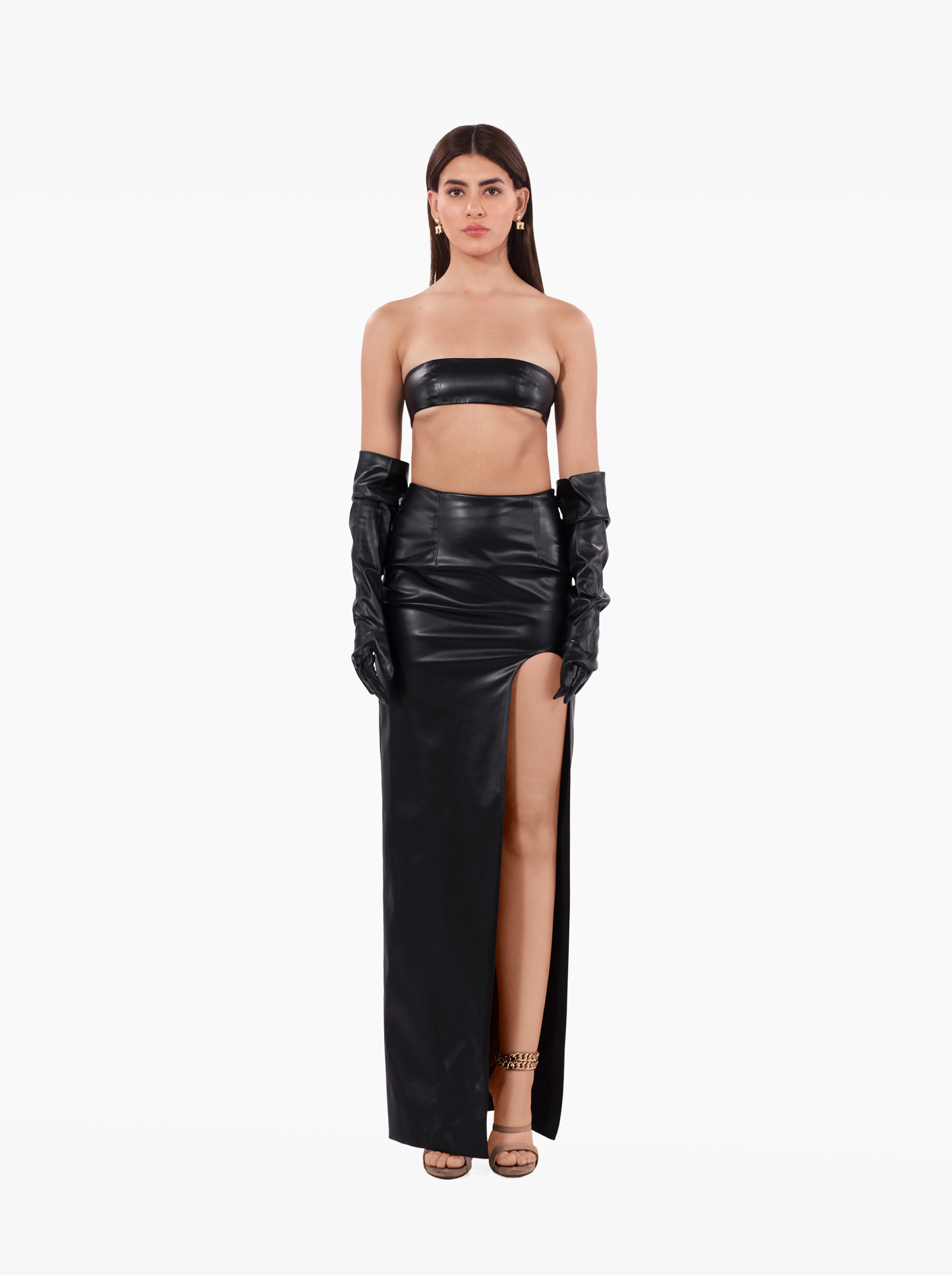 have mercy bandeau - black faux leather strapless bandeau with darts and buckle fastening, vacation top - SOLÉITE
