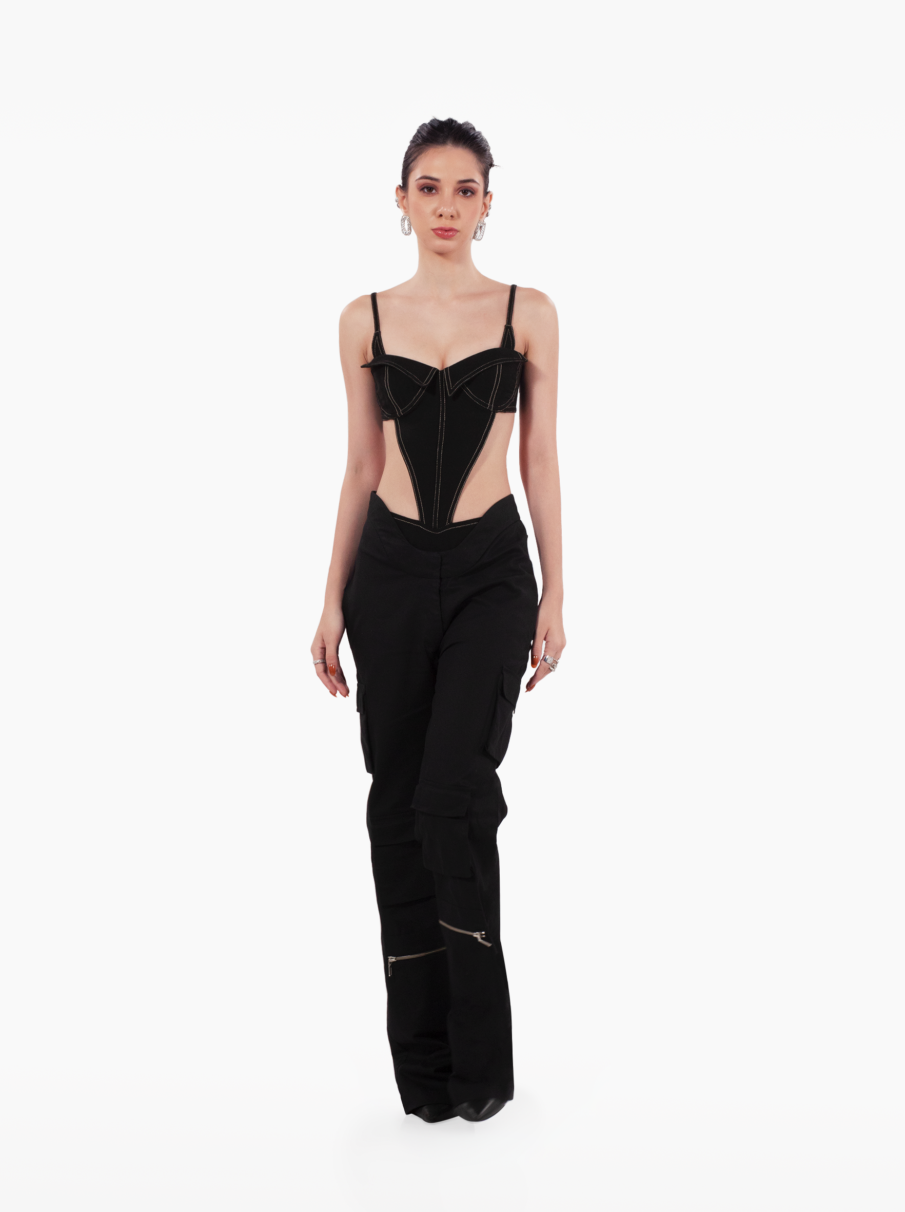 ginsing strip bodysuit - sleeveless black cutout denim bodysuit top with open back and double exposed seams by SOLÉITE