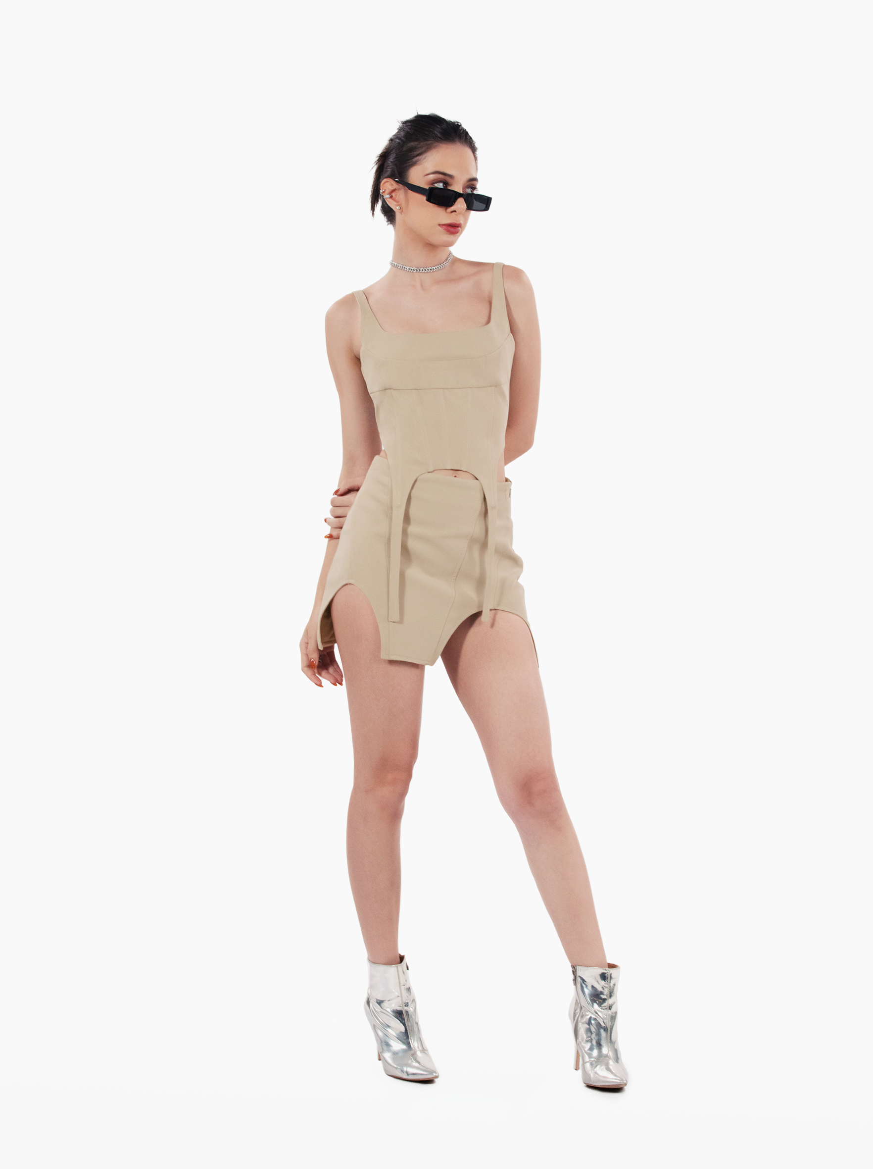 build a bitch skirt - beige u-cut streetwear skirt with panels and asymmetric hem by SOLÉITE