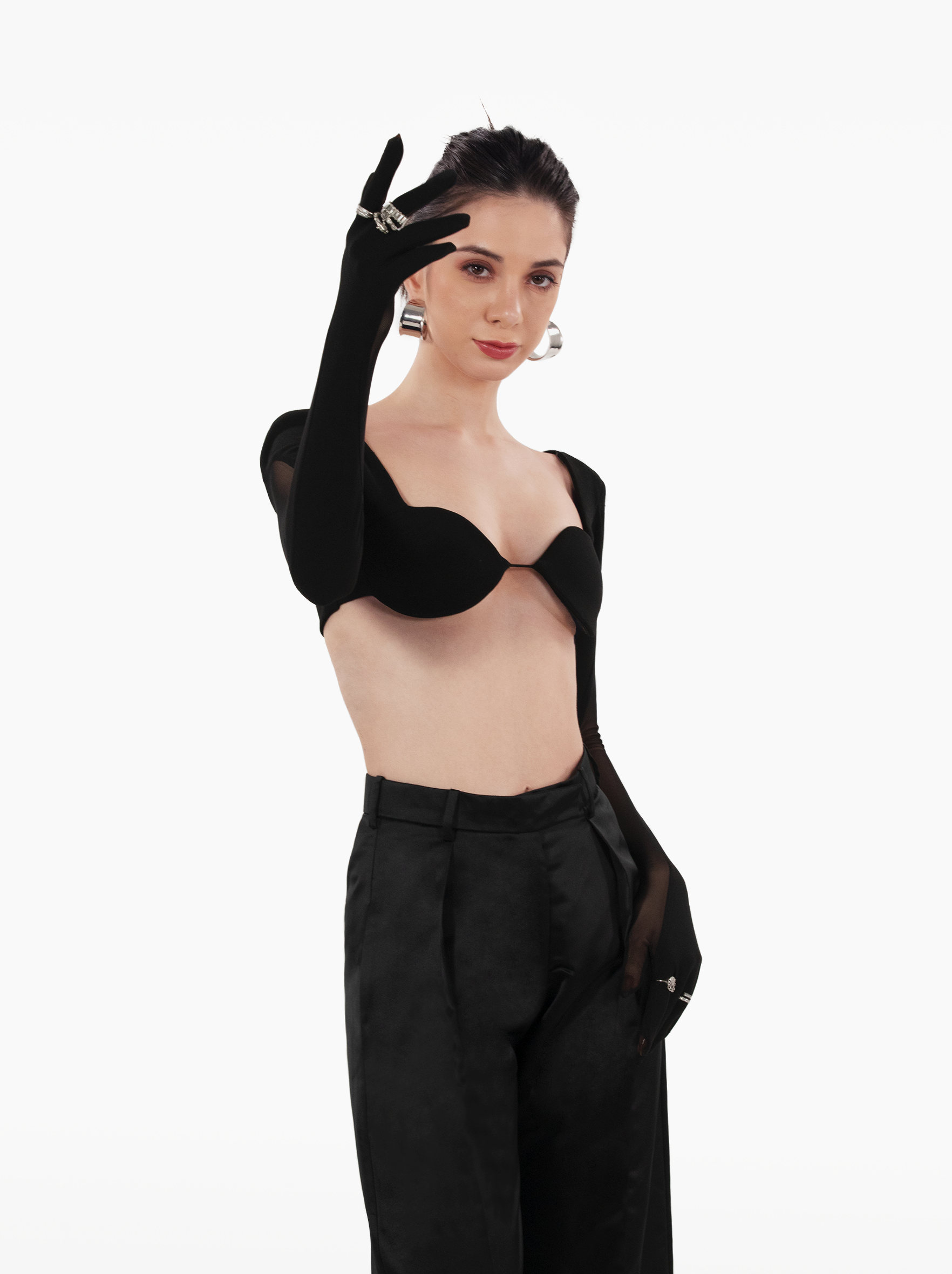 dark paradise top - black underboob full sleeve glove crop top, with rounded cups and shoulder pads ideal for vacation by SOLÉITE