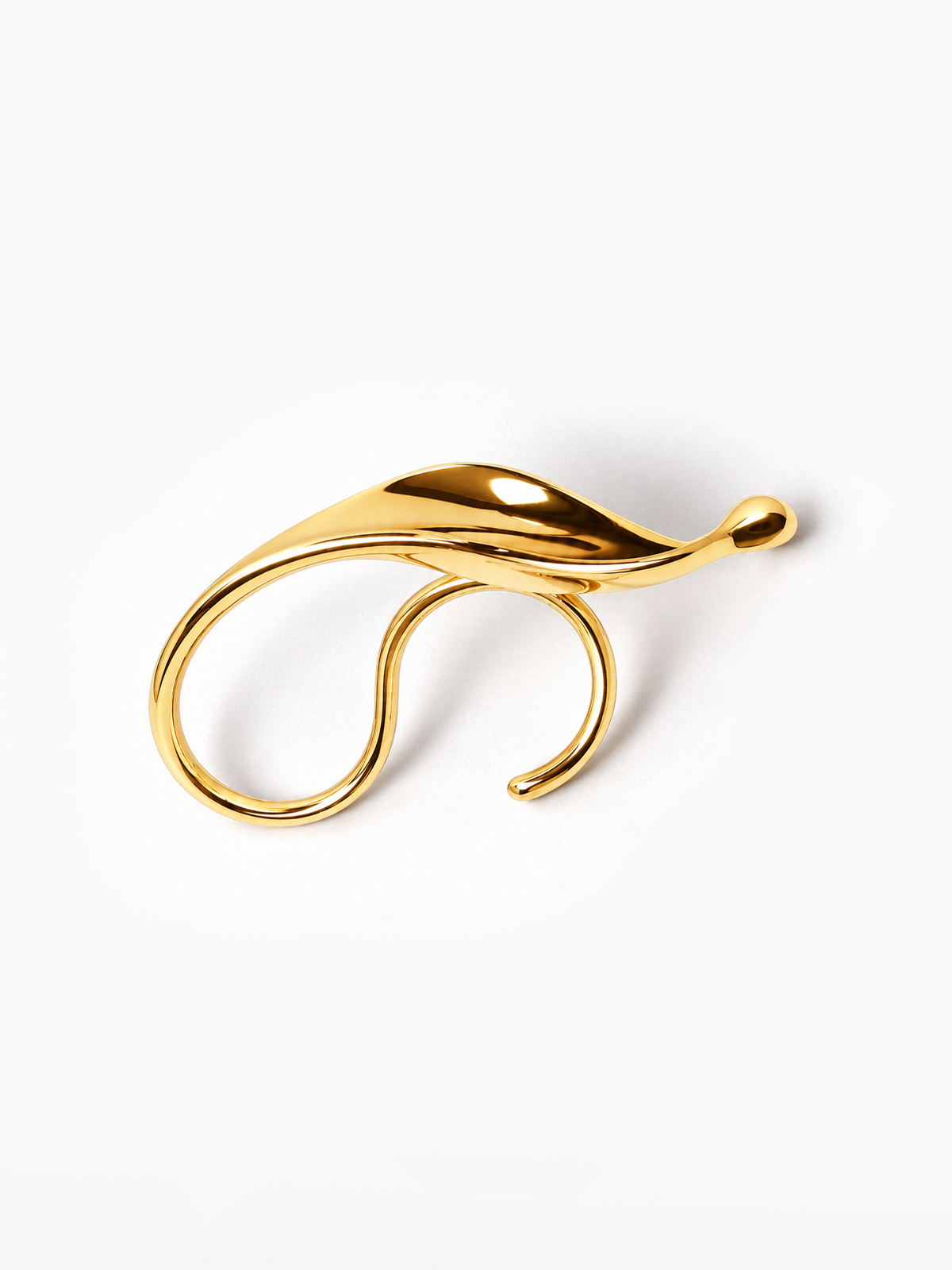 A polished gold metal hook with a curved, organic leaf-like design, photographed on a clean white background.