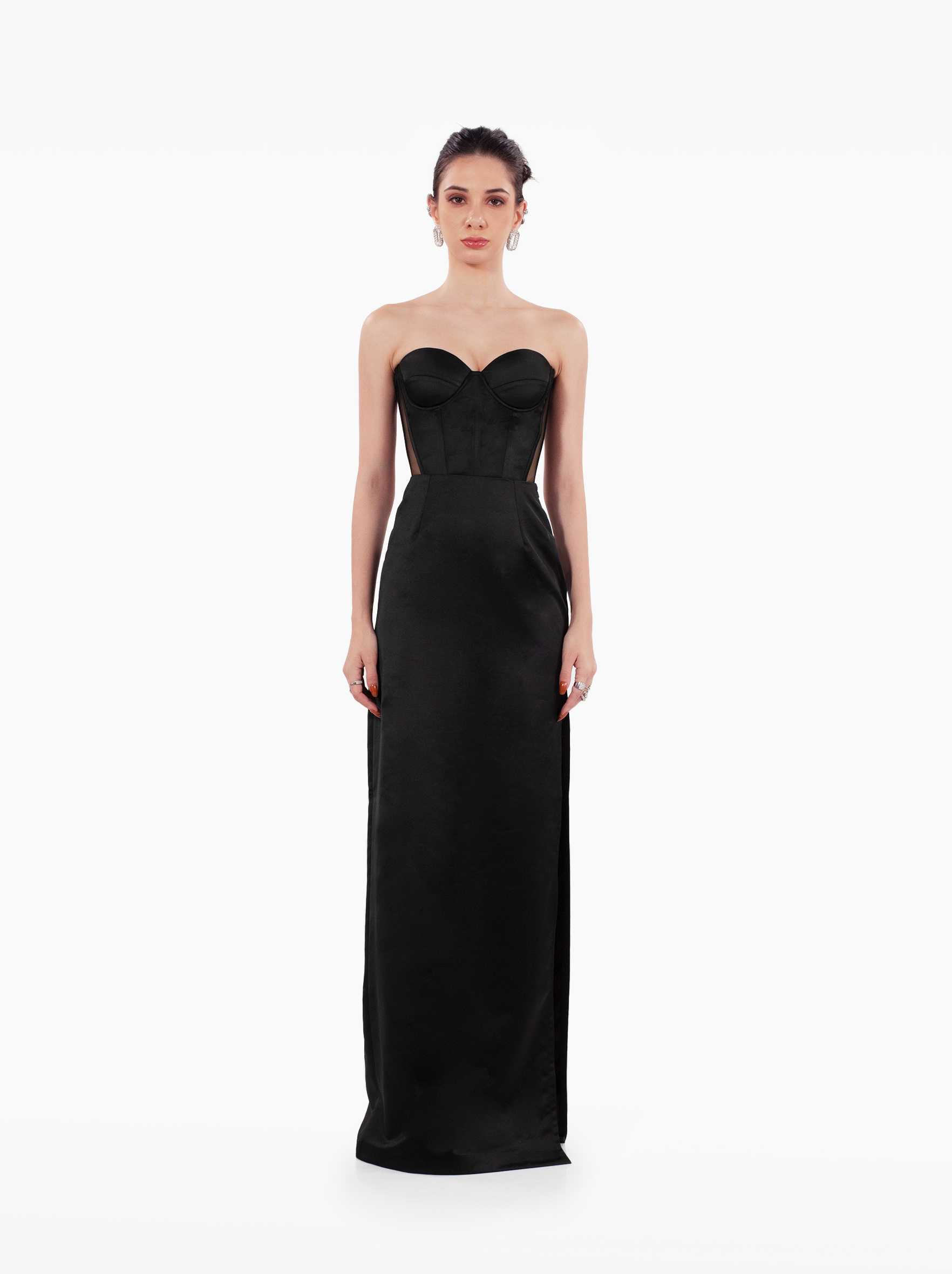 late night skirt - black satin maxi skirt with darts and a side slit for formal occasions by SOLÉITE