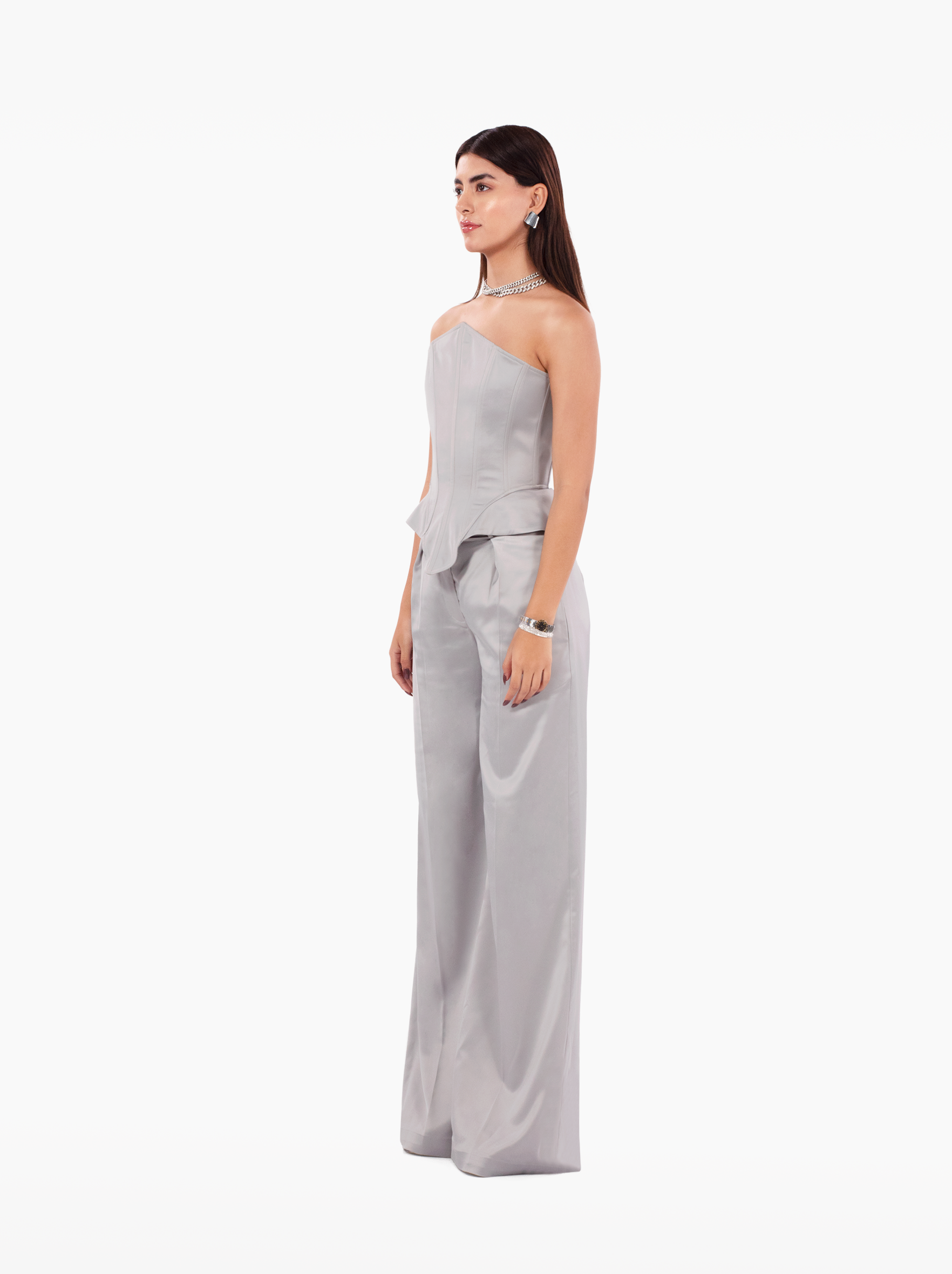 instant crush corset - silver grey satin asymmetric bustier top with a strapless design and structured boning, birthday, party, dinner, date outfit - SOLÉITE