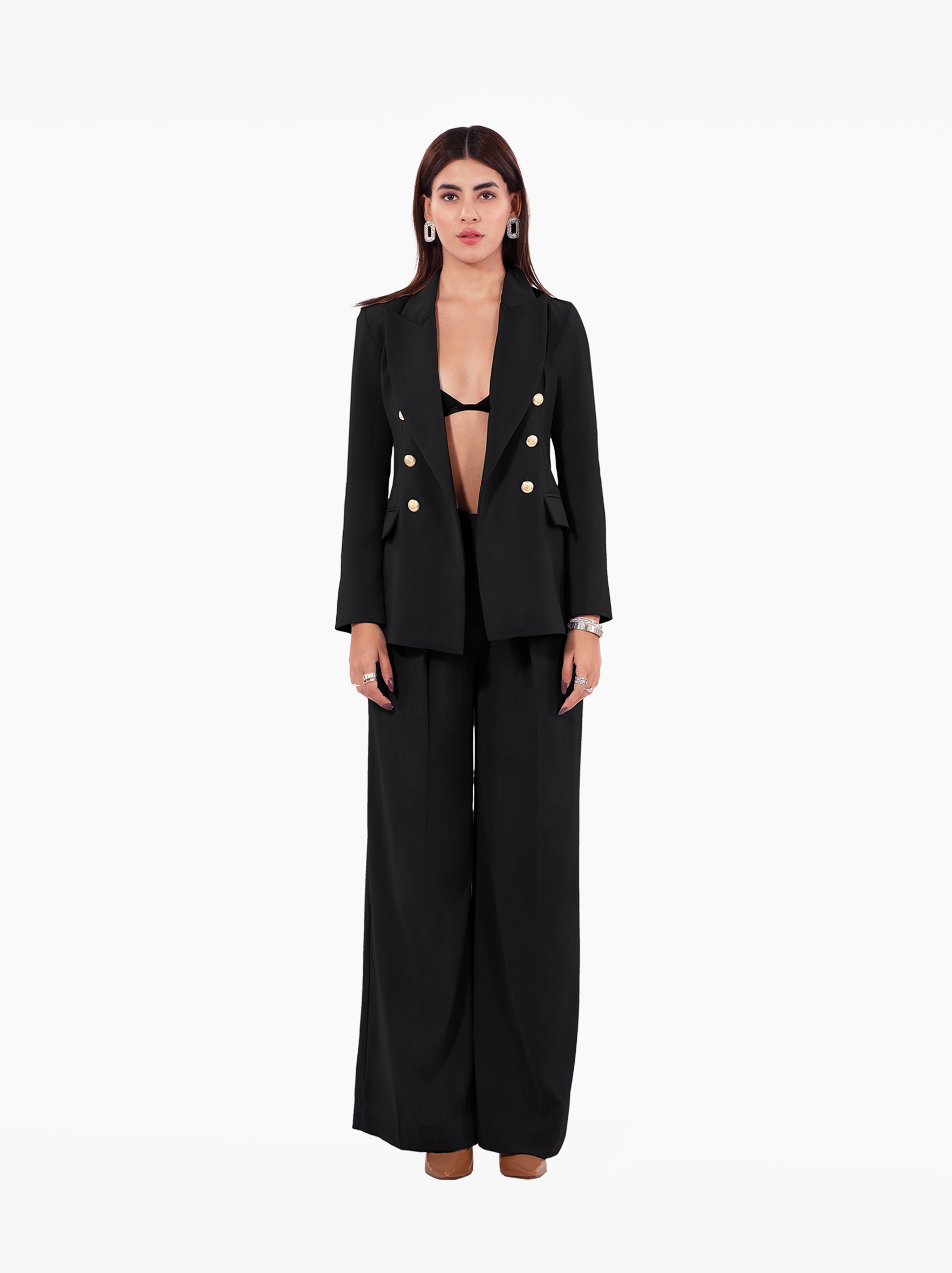 Millions Blazer - black double breasted blazer with shoulder pads, notch lapel collar and two front flap pockets, gold buttons at the front and cuffs by SOLÉITE