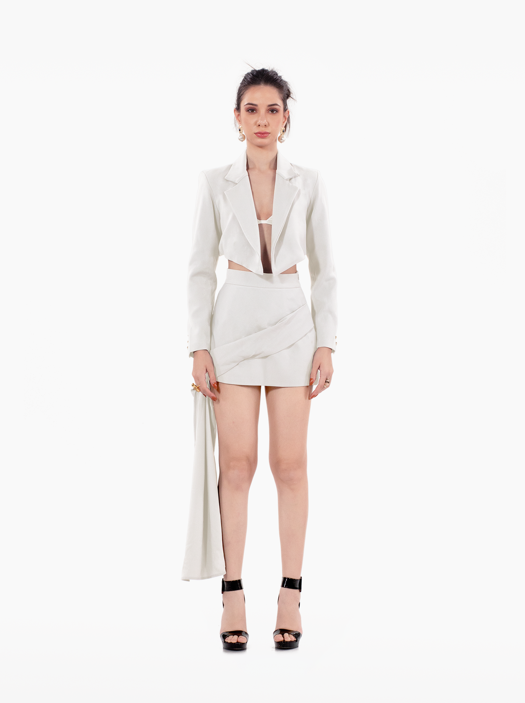 Nobody's Business Blazer - white cropped jacket with shoulder pads, notch lapel collar, gold buttons at the front and cuffs, formal jacket by SOLÉITE