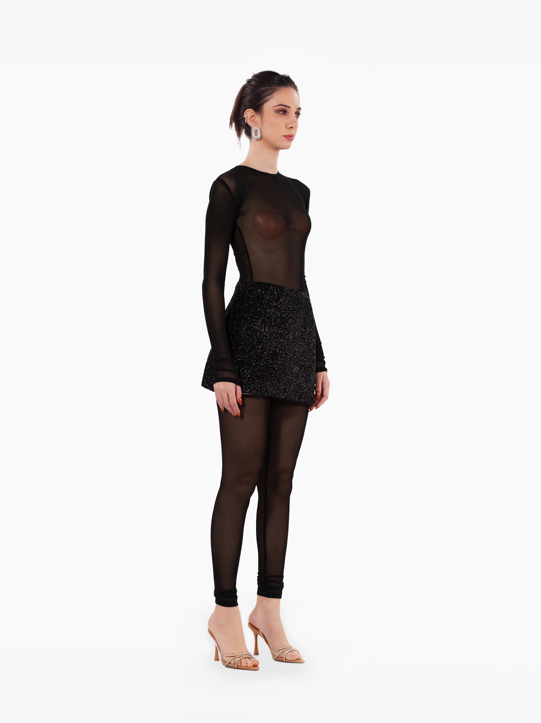talking body jumpsuit - sheer black catsuit with long sleeves, slender legs, and a classic round neckline by SOLÉITE