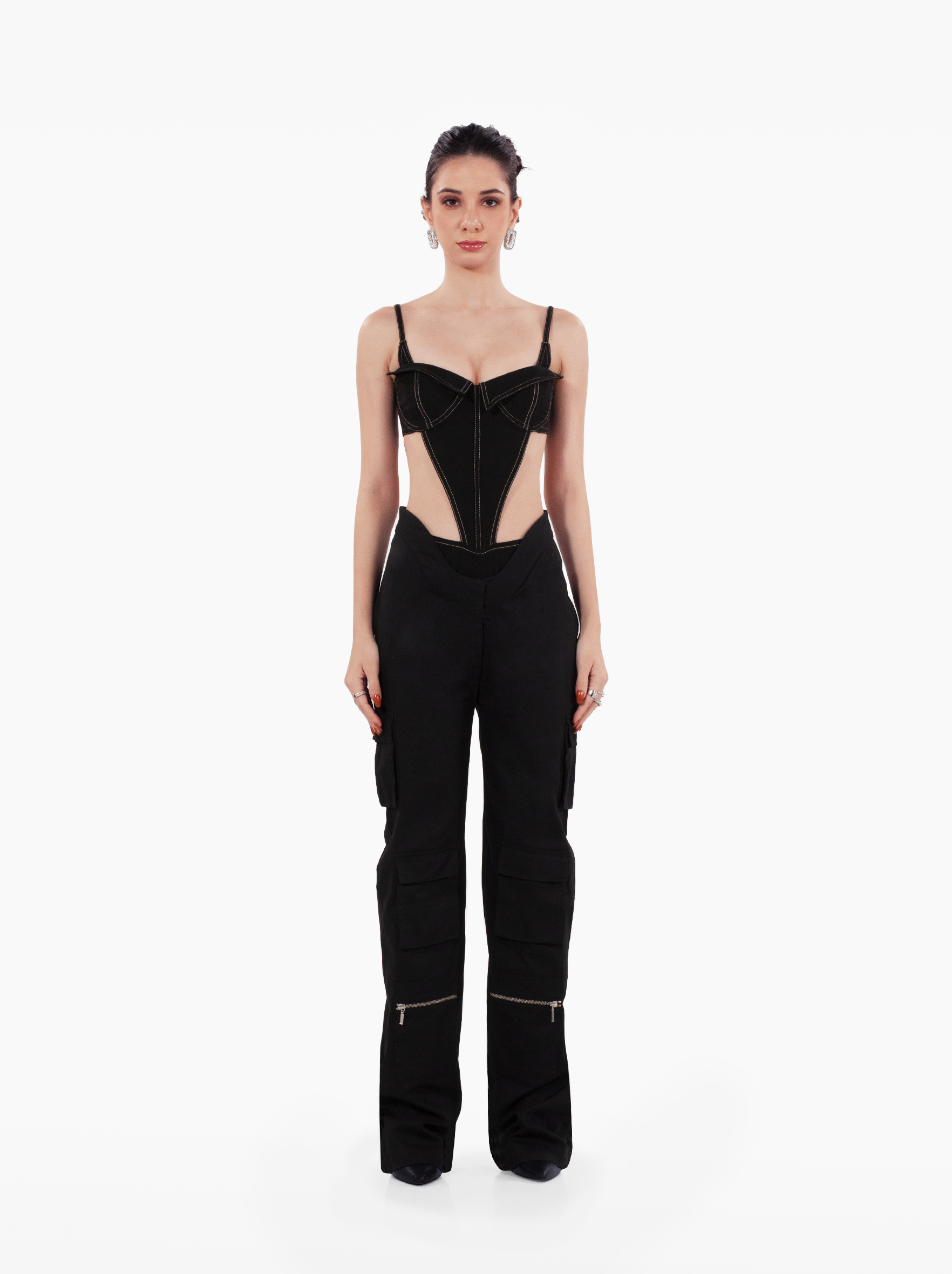 ginsing strip bodysuit - sleeveless black cutout denim bodysuit top with open back and double exposed seams by SOLÉITE