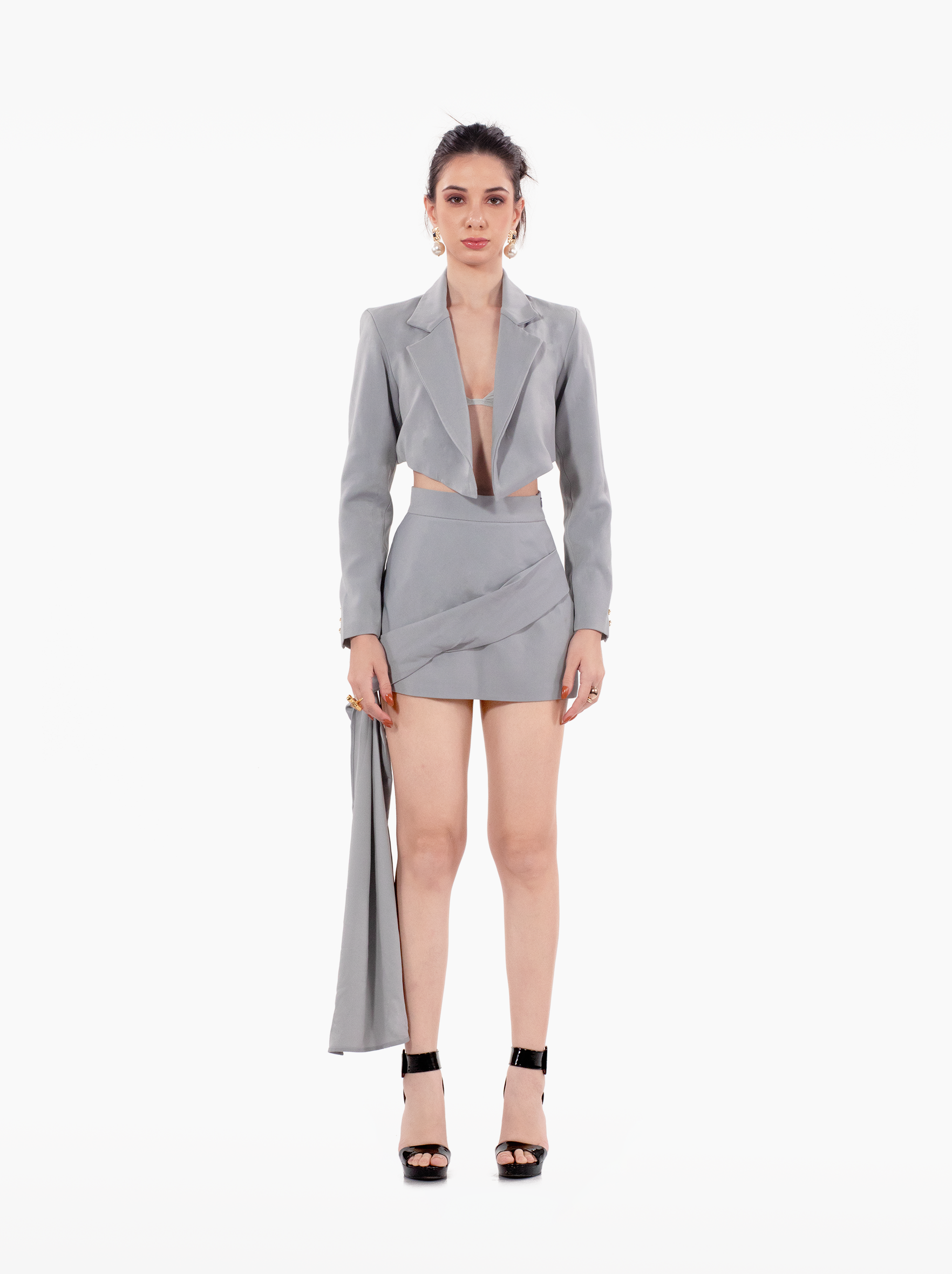 nobodys business skirt - white, grey, black mini skirt with sash, semi formal skirt, statement piece by SOLÉITE