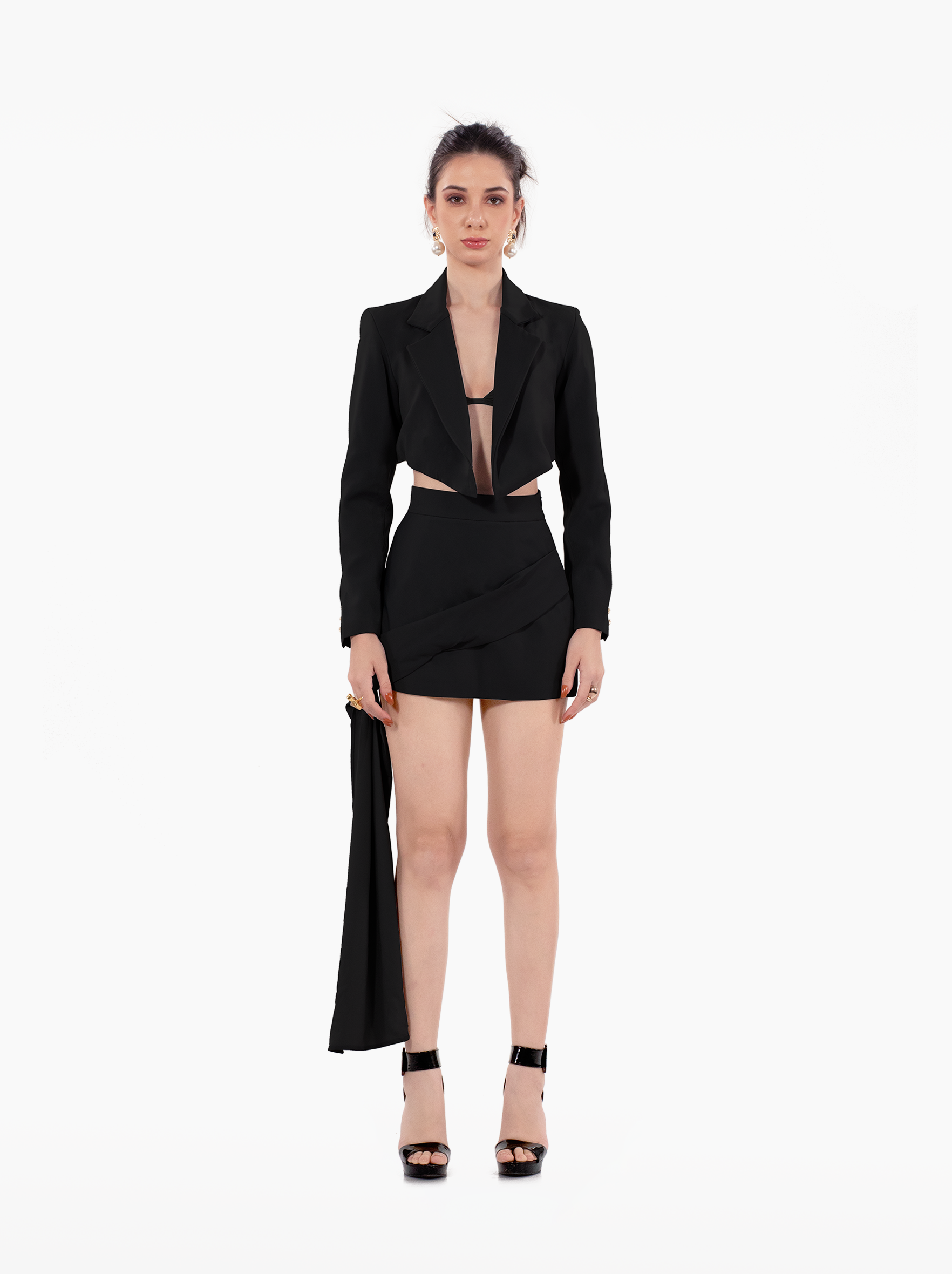 Nobody's Business Blazer - grey cropped jacket with shoulder pads, notch lapel collar, gold buttons at the front and cuffs, formal jacket by SOLÉITE