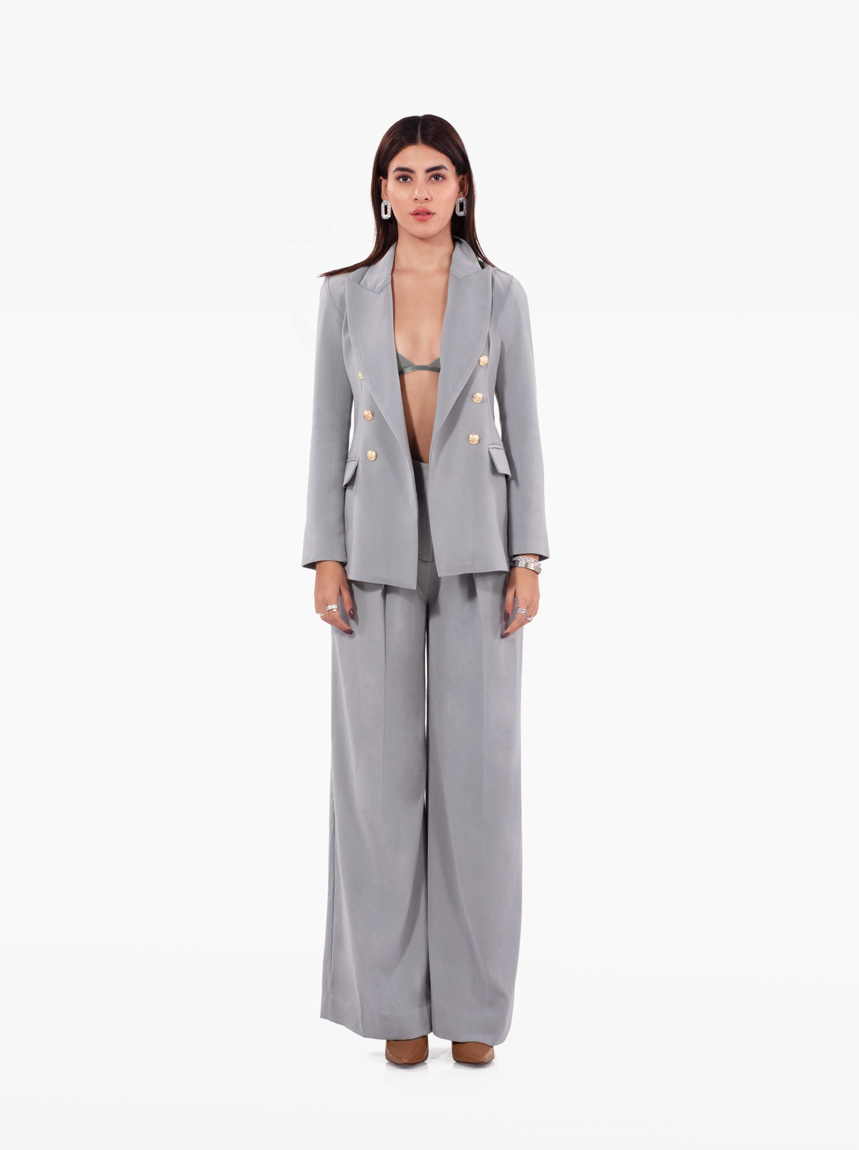 Millions Blazer - grey double breasted blazer with shoulder pads, notch lapel collar and two front flap pockets, gold buttons at the front and cuffs by SOLÉITE
