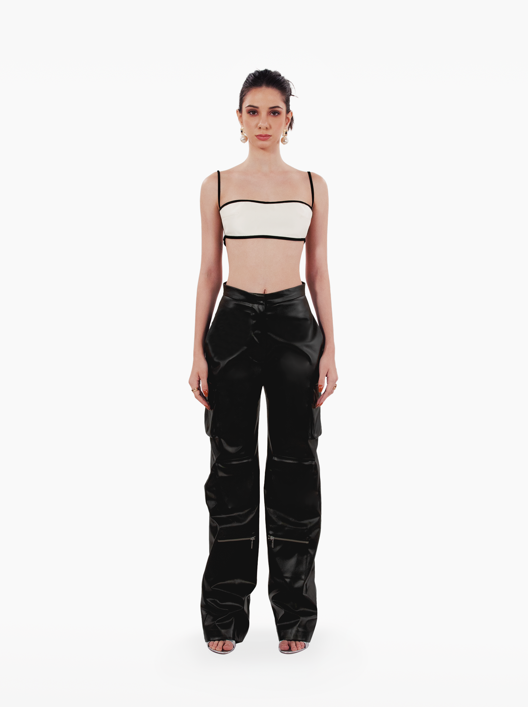 speed drive bandeau - white satin bandeau with black piping, darts and buckle fastening, vacation top, wardrobe classics, staple - SOLÉITE