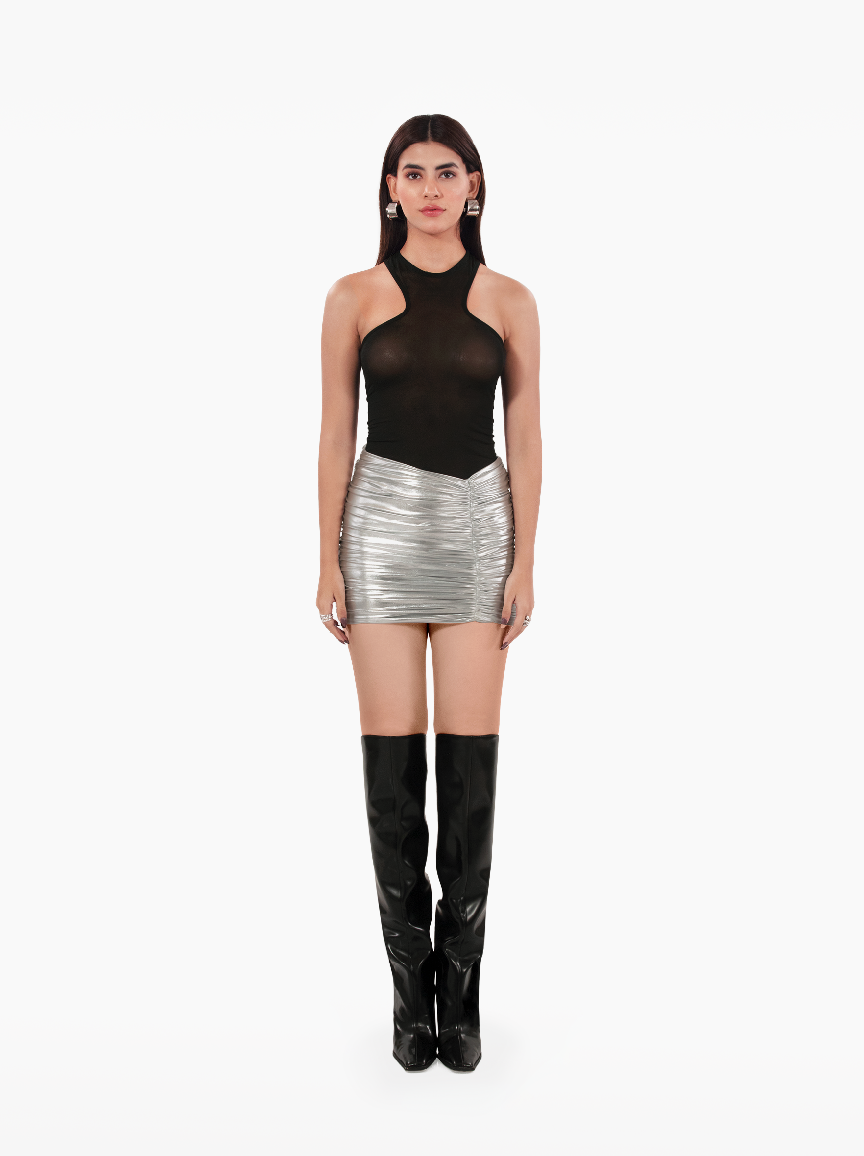 electric love skirt - ruched silver mini skirt with gathers and asymmetric hem, metallic party high waisted skirt by SOLÉITE