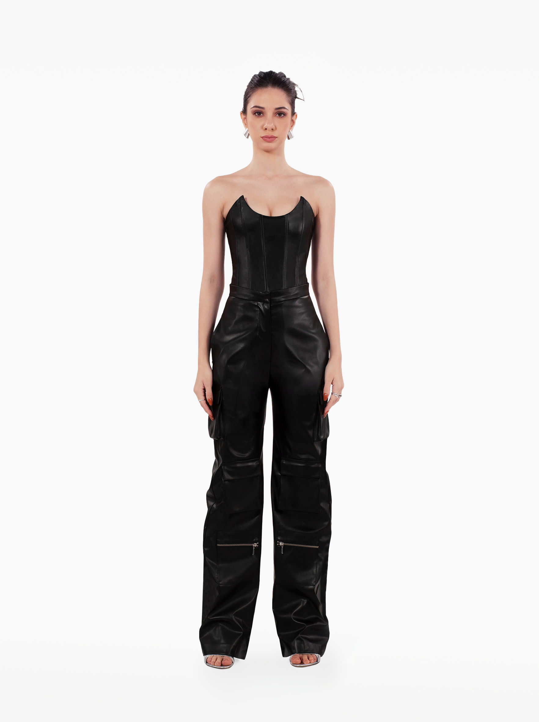 dangerous corset - faux leather bustier top with boning and paneling, glossy leather finish, u-cut neckline by SOLÉITE