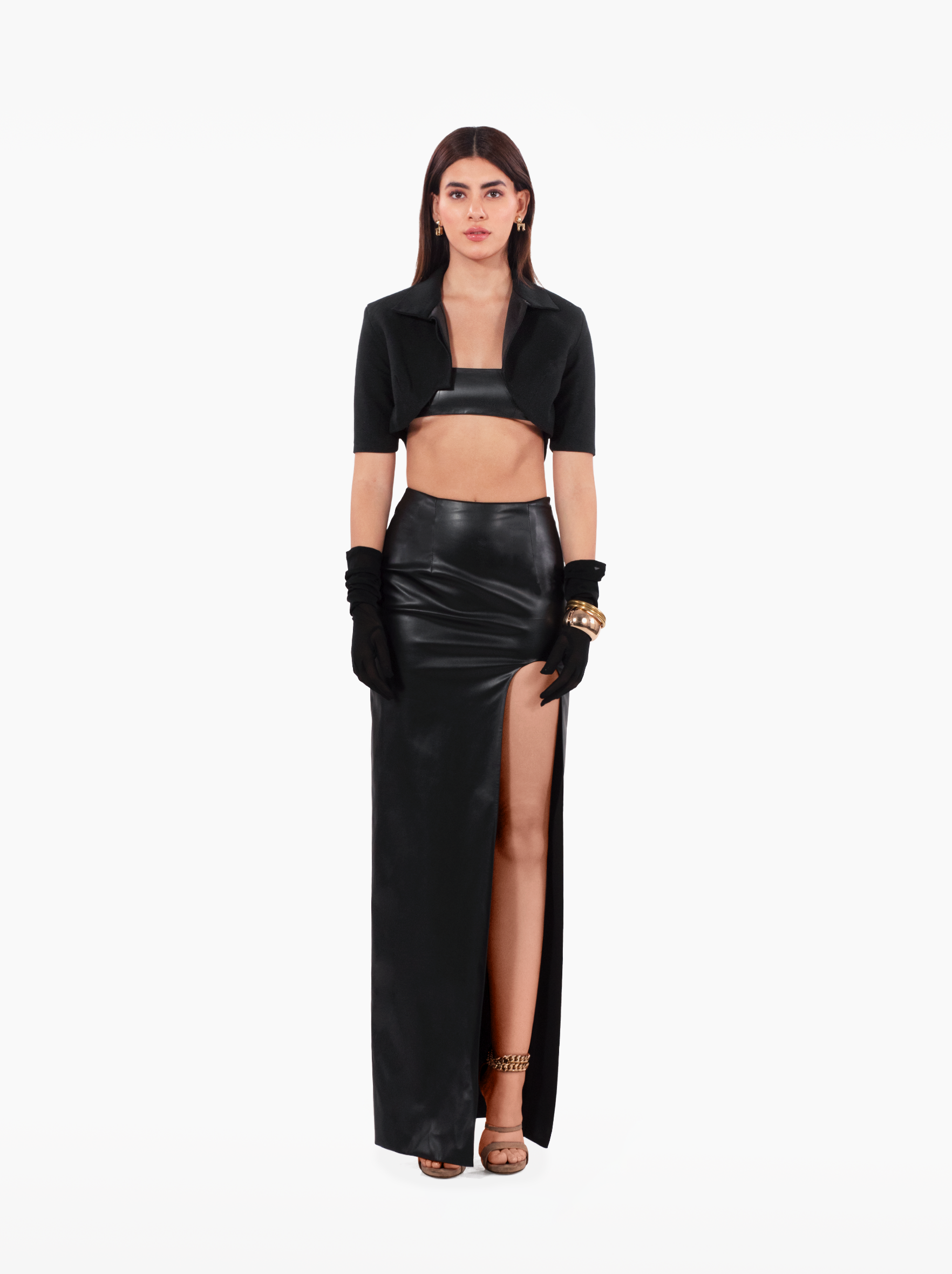 told you so jacket - a black cropped woolen jacket with shoulder pads notch lapel collar, gold buttons at the front, black bolero by SOLÉITE