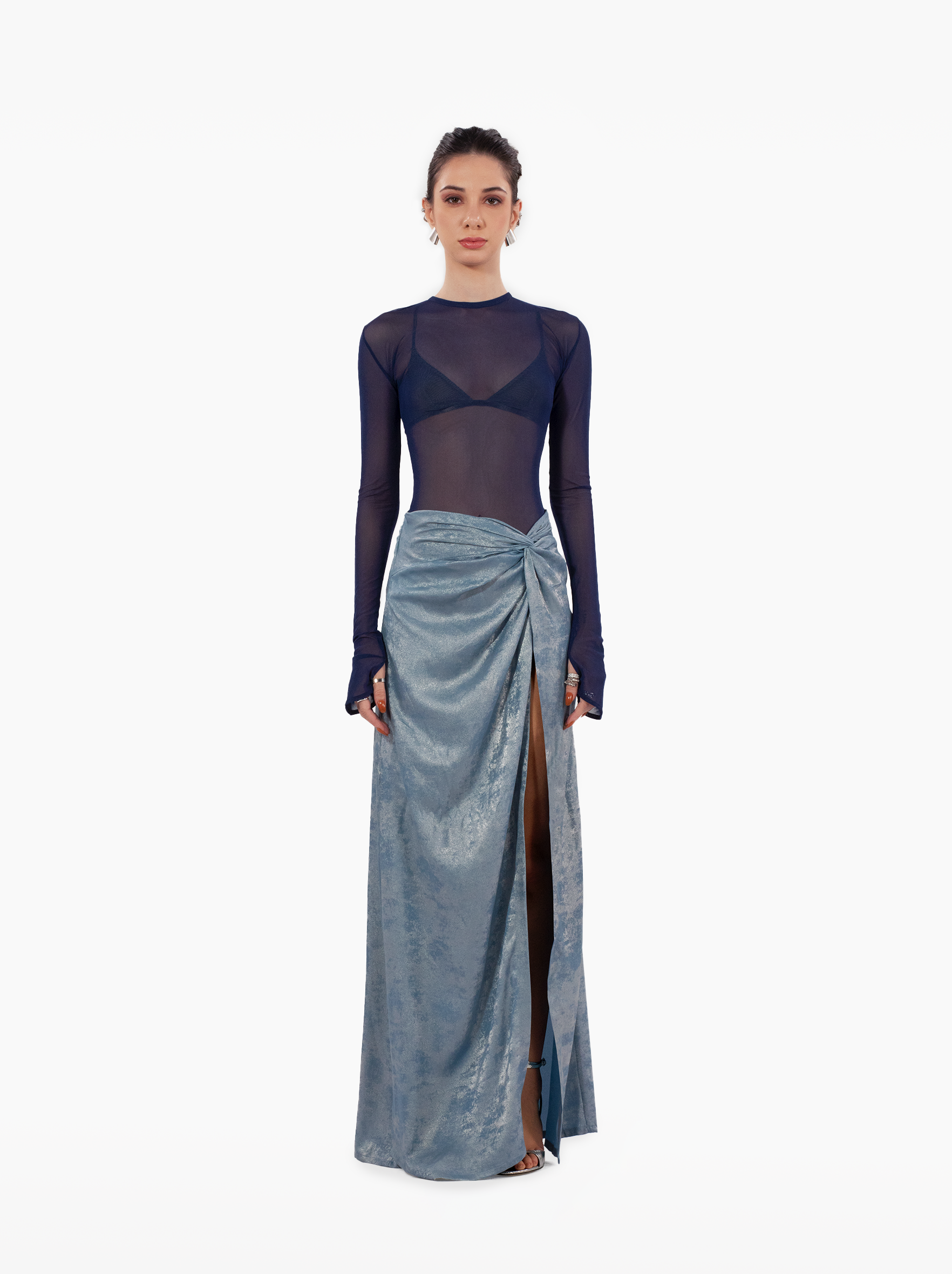 water skirt - blue mid-waist skirt draped on the hips giving way to a leg slit. lightweight, textured fabric, beach coverup, vacation outfit, sarong style skirt by SOLÉITE