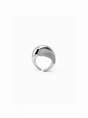 Adamaris silver statement ring featuring a bold sculptural silhouette with contrasting polished and pave- set finishes.