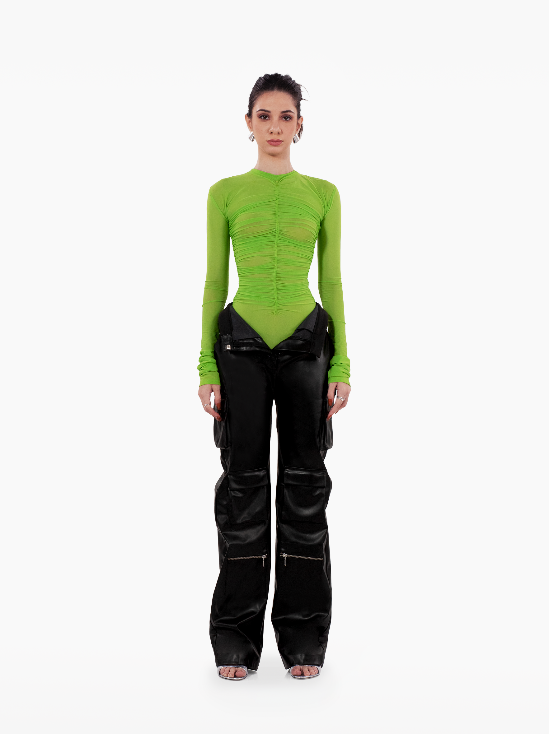 streets bodysuit - ruched green top with gathers, full sleeve sheer bodysuit, streetwear, fashion by SOLÉITE