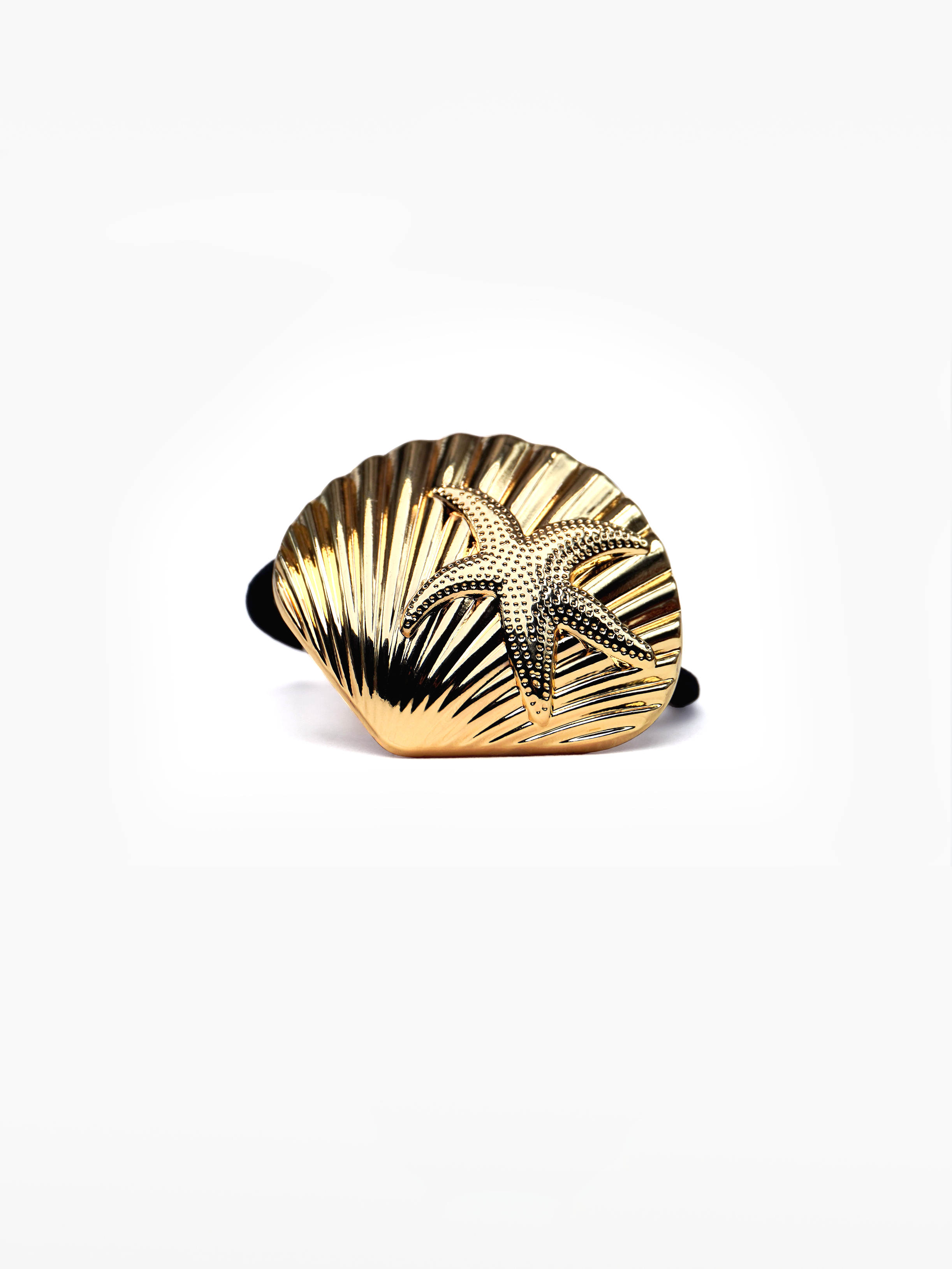 Marina Hair Tie - statement rubberband with gold shell accent. statement metal hair tie with starfish detailing, elevate basic looks, vacation, gold glossy pony cuff, ponytail holder, gold detail hair elastic by SOLÉITE
