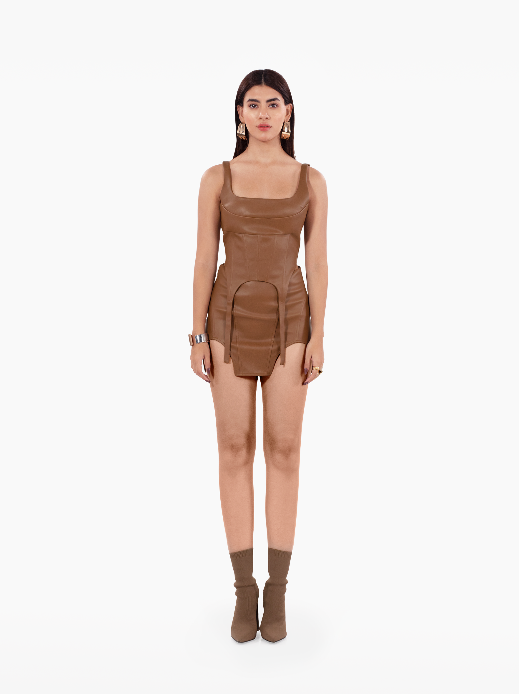 Build a Bitch Corset - brown faux leather bustier top with panels and suspenders by SOLÉITE