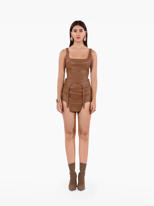 Build a Bitch Corset - brown faux leather bustier top with panels and suspenders by SOLÉITE
