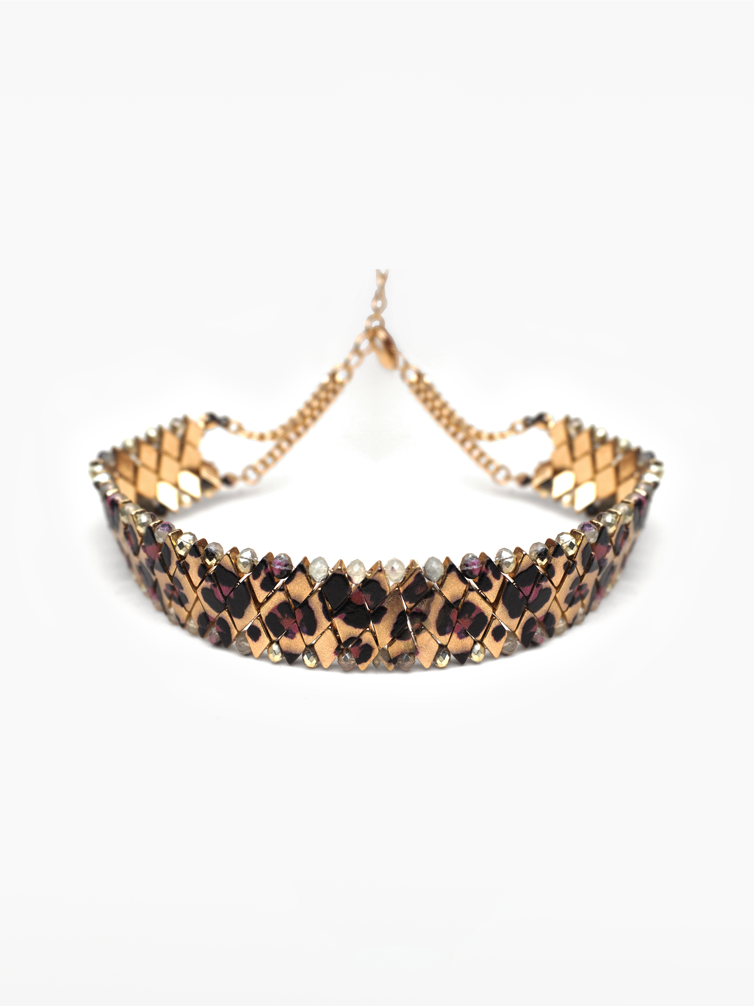 Tessara Necklace - flat metallic choker with leopard-print detailing and an adjustable clasp in the back. metallic cheetah print choker by SOLÉITE