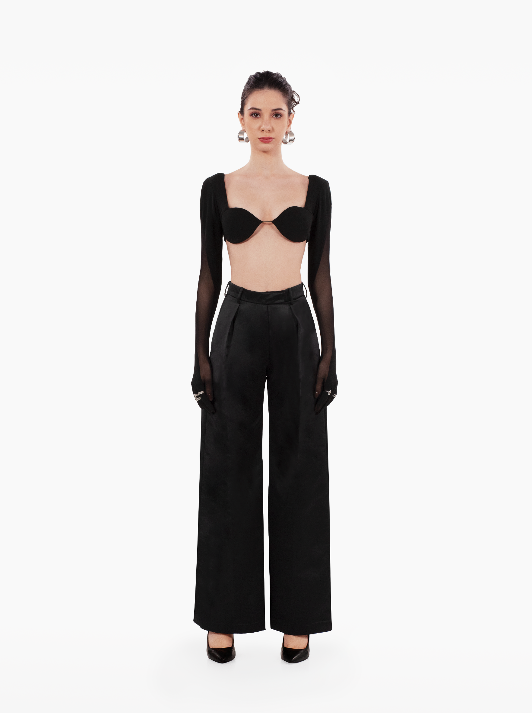 dark paradise top - black underboob full sleeve glove crop top, with rounded cups and shoulder pads ideal for vacation by SOLÉITE