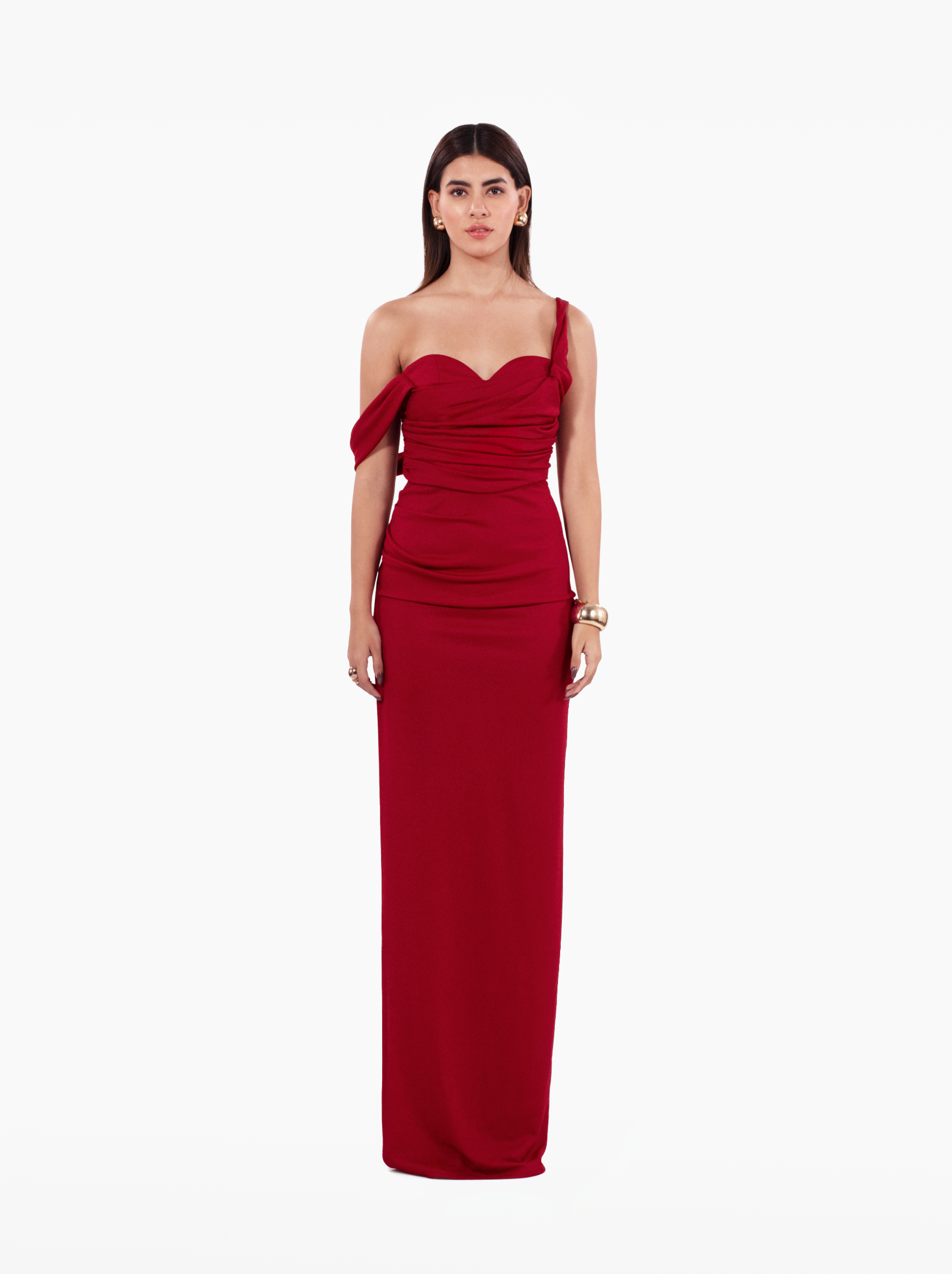 Bloody Mary Bustier Gown - deep red maroon corset maxi dress with asymmetric neckline, gathers and side slit by SOLÉITE