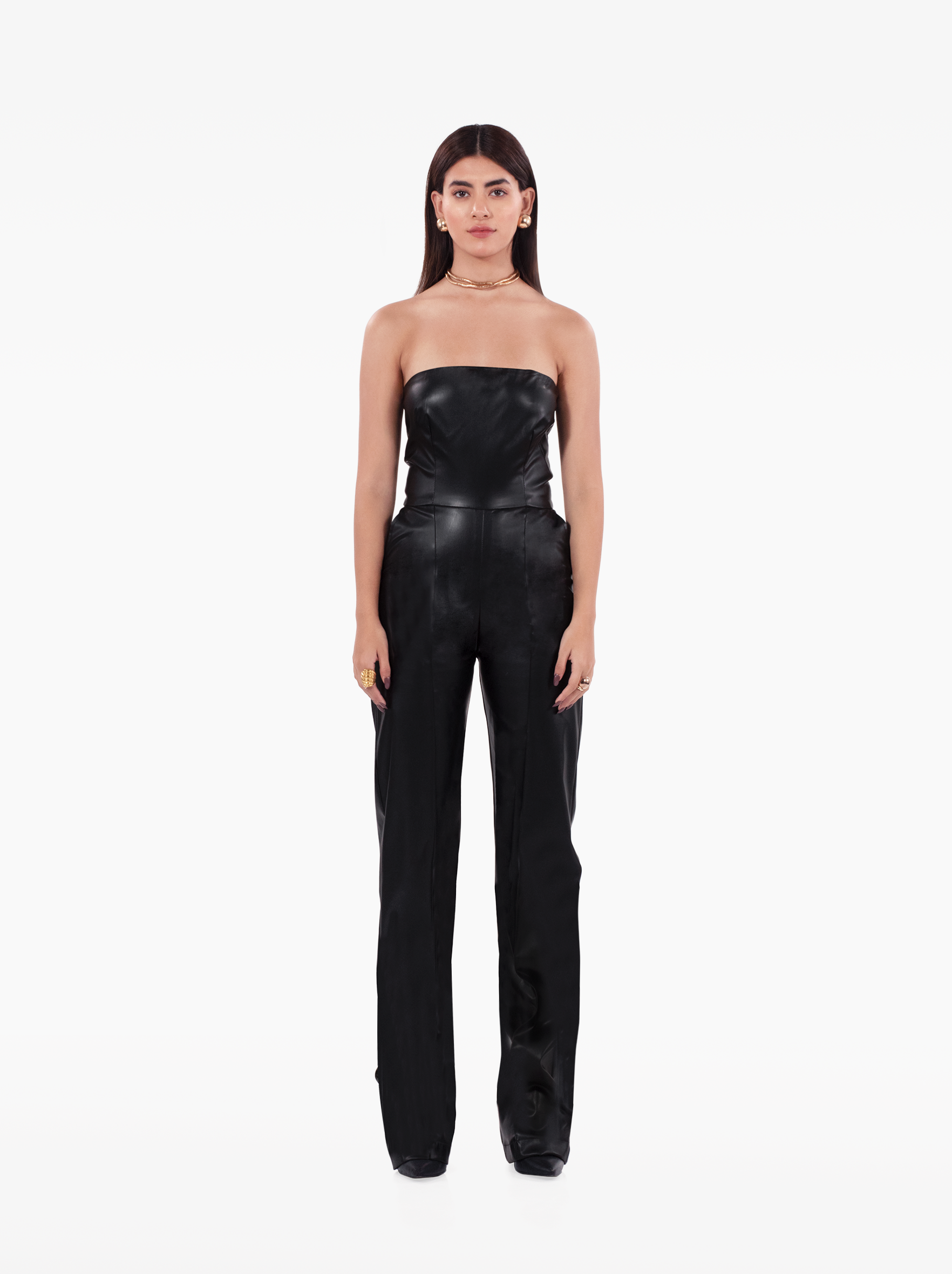 talk that talk jumpsuit - black faux leather jumpsuit with side pockets, cinched waist, strapless bandeau jumpsuit by SOLÉITE