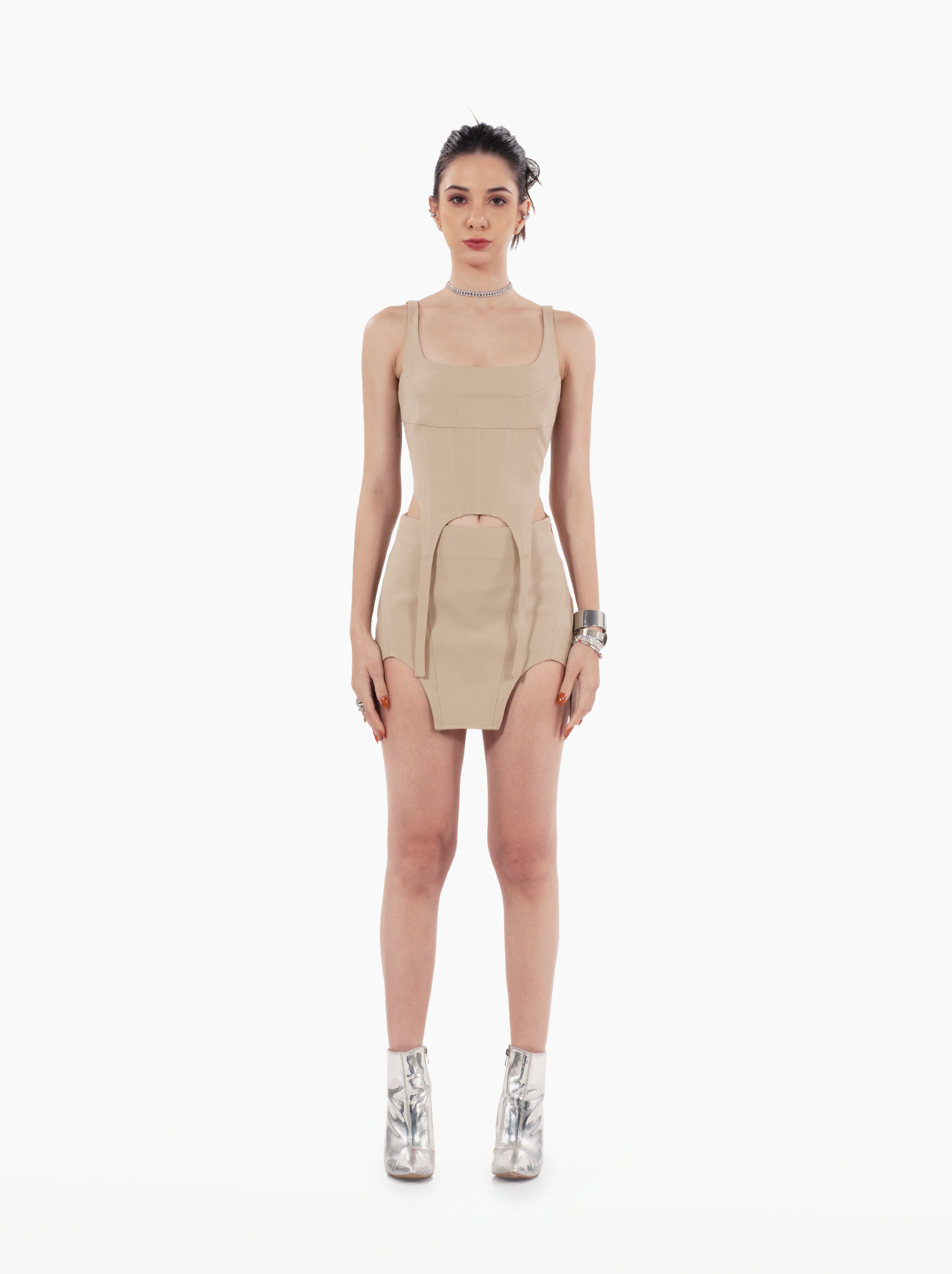 build a bitch skirt - beige u-cut streetwear skirt with panels and asymmetric hem by SOLÉITE