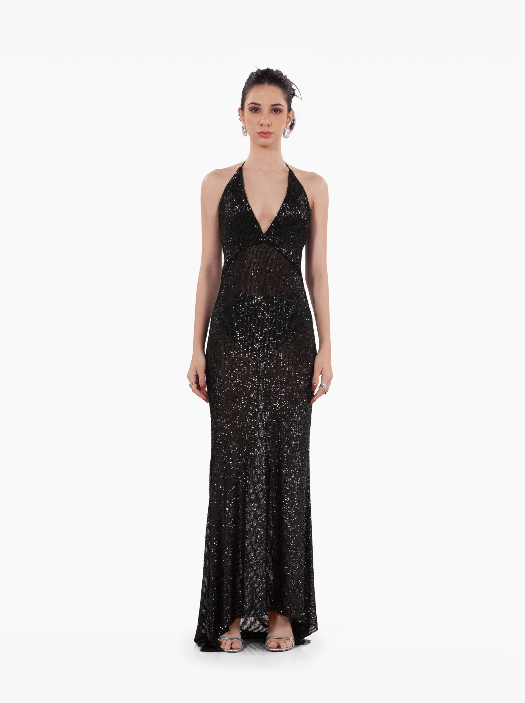 don't take it personal dress - black sequin backless maxi dress, glitter dress ideal for parties, evening wear, plunging neckline by SOLÉITE