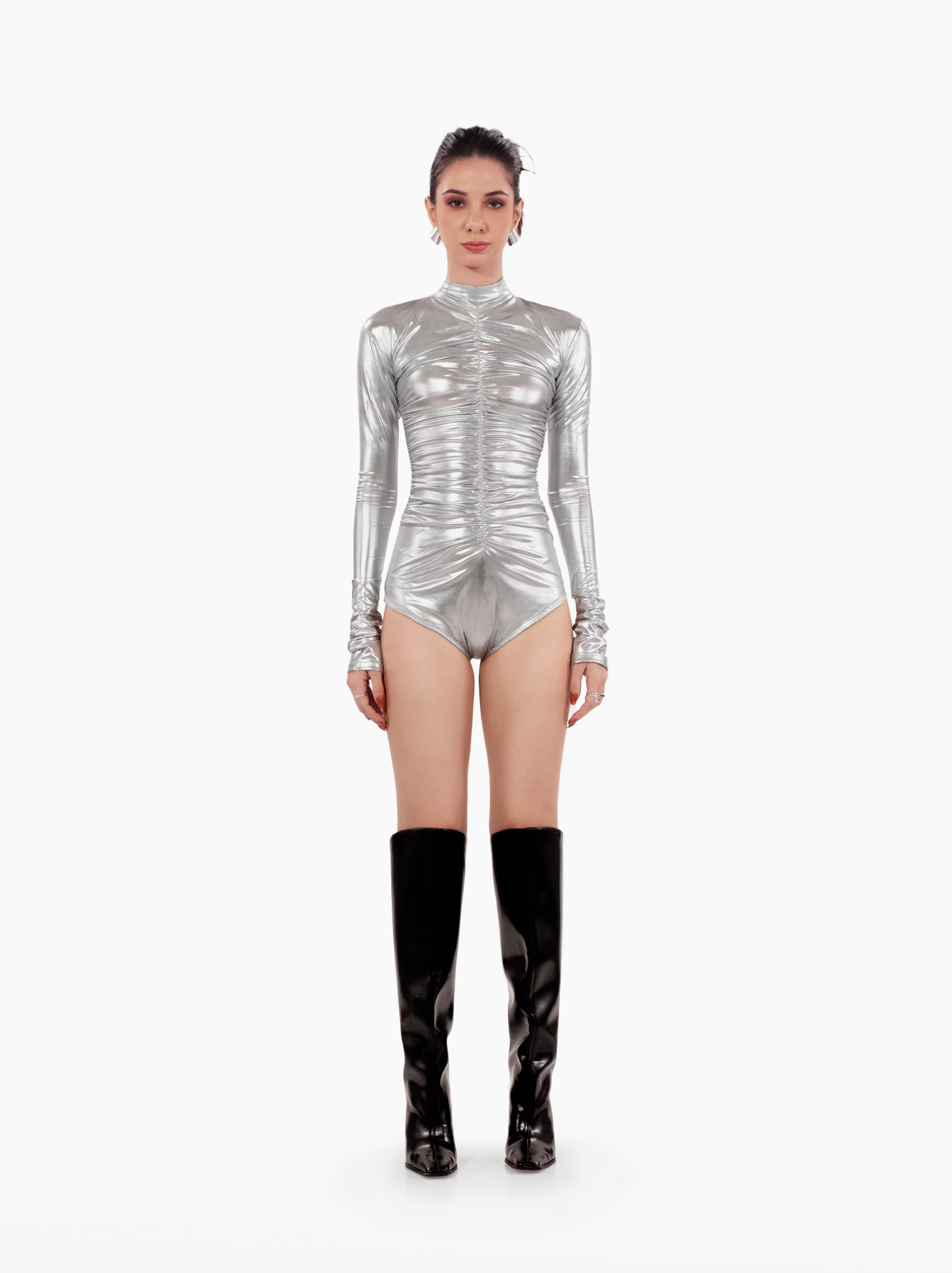 electric love bodysuit - ruched silver top with gathers, full sleeve metallic bodysuit, party, fashion top by SOLÉITE